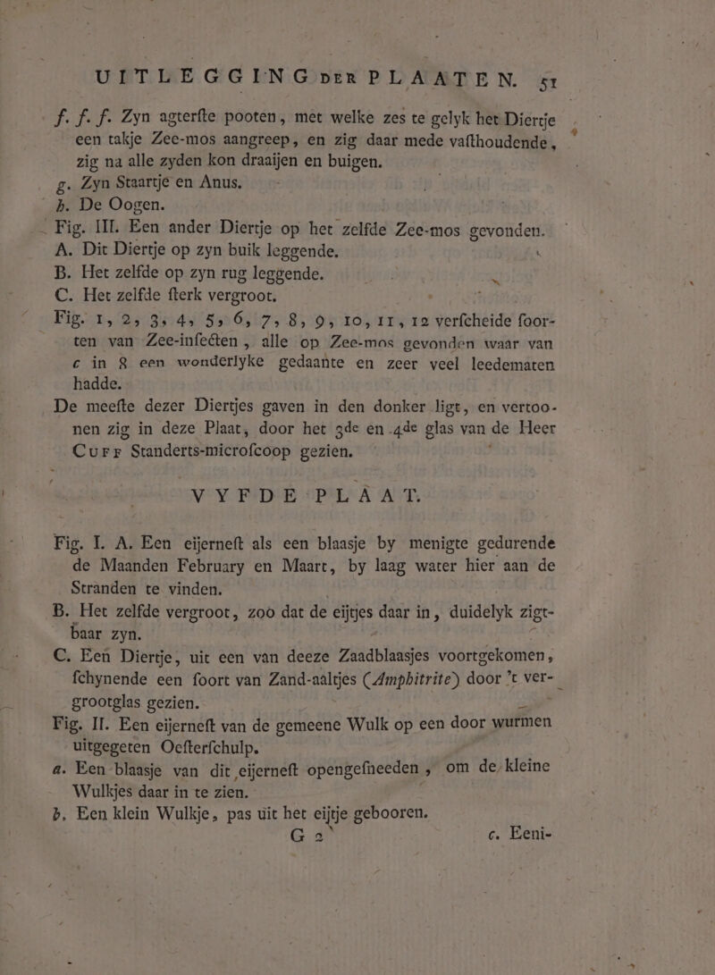 f.f-f. Zyn agterfte pooten, met welke zes te gelyk het Dierrje , een takje Zee- -mos aangreep, en zig daar mede vafthoudende, zig na alle zyden kon draaijen en buigen. g. Zyn Staartje en Anus. _h. De Oogen. _ Fig. HL Bea ander Diertje op het zelfde Zee-mos gevonden. A. Dit Diertje op zyn buik leggende. B. Het zelfde op zyn rug leggende. C. Het zelfde fterk vergroot. Fig. 1, 2, 3. 4» 55 6, 7» 8, 9, IO 11, 12 verfcheide foor- ten van Zee-infeten , alle op Zee-mas gevonden waar van C in Z een wonderlyke gedaante en zeer veel leedematen hadde. | De meefte dezer Diertjes gaven in den donker ligt, en vertoo- nen zig in deze Plaat, door het gde en gde glas van ge Heer Corr Standerts- microfcóop gezien, , VEL FIDE SPL À AT: Fig. L A. Een eïjerneft als een blaasje by menigte gedurende de Maanden February en Maart, by laag water hier aan de Stranden te. vinden. B. Het zelfde vergroot, zoo dat de eijtjes daar in, duidelyk zigt- __baar zyn. C. Een Diertje, uit een van deeze Zaadblaasjes voortgekomen , fchynende een foort van Zand- Ban (Amphitrite) door *t ver-_ grootglas gezien. p Fig. IL. Een eijerneft van de gemeene Wulk op een door wurmen uitgegeten Oefterfchulp. a. Een blaasje van dit eijerneft opengefneeden , om de kleine Wulkjes daar in te zien. b, Een klein Wulkje, pas uit het eijtje gebooren. G se c. Eeni-
