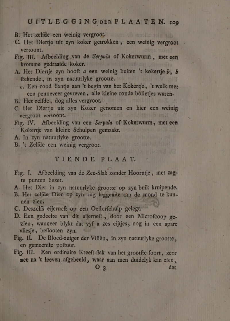 B. Het zelfde een weinig vergroot. C. Het Diertje uit zyn koker getrokken „ een weinig vergroot ___ vertoont, Fig. TIL Afbeelding van de Serpula of Kokerwurm , met een kromme gedraaide koker, A, Het Diertje zyn hooft a een weinig buiten ’t kokertje hb, 5 ftekende, in zyn natuurlyke groote, c. Een rood bantje aan *t begin van het Kokertje., ’t welk met een penneveer gevreven, alle kleine ronde bolletjes. waren. B. Het zelfde, dog alles vergroot. C. Het Diertje uit zyn Koker genomen en hier een weinig vergroot: vertoont. Fig. IV. Afbeelding van een Serpula of Kokerwurm, met een Kokertje van kleine Schulpen gemaakt, À. In zyn natuurlyke grootte. B. ’t Zelfde een weinig vergroot. TIENDE PLAAT. Fig. 1. Afbeelding van de Zee-Slak zonder Hoorntje, met zag- te punten bezet. | A. Het Dier in zyn natuurlyke grootte op zyn buik kruipende. B. Het zelfde Dier op zyn rug ed ggende-om de mond te kun. nen zien. A | C. Deszelfs eijerneft op. een Oefterfchulp gelegt. D. Een gedeelte van dit eijerneft, door een Microfcoop ge- zien, wanneer blykt dat vyf a zes eijtjes, nog in een apart vliesje, beflooten zyn. Fig. IL. De Bloed-zuiger der Viffén, in zyn natuurlyke grootte, en gemeenfte- poftuur. Fig. III. Een ordinaire Kreeft-flak van het grootfte foort, zeer met na ’t leeven, afgebeeld, waar aan men duidelyk kan zien, O3 dat