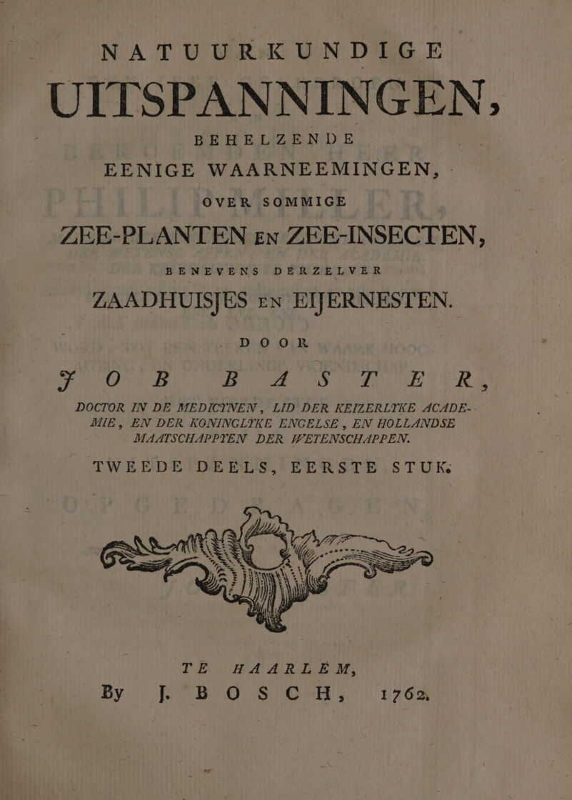NATUURKUNDIGE UITSPANNINGEN, EENIGE WAARNEEMINGEN,- OVER SOMMIGE ZEE-PLANTEN en ZEE-INSECTEN, BENEVENS DERZELVER ZAADHUISJES eN EIJERNESTEN. D OOR BEENIE ARDOER ONE 1 VR DOCTOR IN DE MEDICYNEN , LID DER KEIZERLTKE ACADE-. MIE, EN DER KONINGLTKE ENGELSE , EN HOELANDSE MAATSCHAPPTEN DER WETENSCHAPPEN. TWEEDE DEELS, EERSTE STUK K\M: HS 3 ES | WE ee rg VE &amp; d _ „” TES HA AREEM: By Ten Beer SNE 3 1762,
