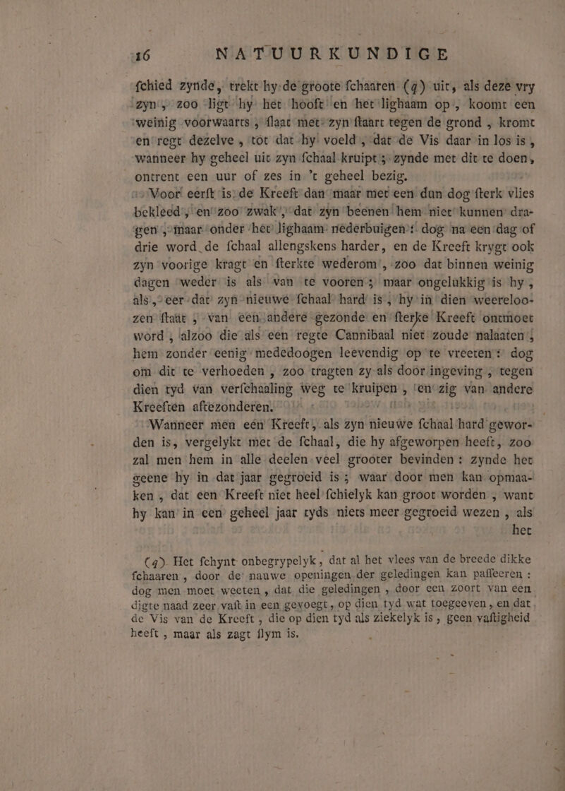 fchied zynde, trekt hy-de groote fchaaren (4) uic, als deze vry “zyn, zoo ligt hy’ het ‘hooft en het lighaam op , koomt een ‘weinig voorwaarts , flaac met- zyn (taart tegen de grond „ kromt en regt dezelve „ tot dat hy: voeld „dat de Vis daar in los is, wanneer hy geheel uit zyn fchaal kruipt; zynde met dit te doen, ontrent een uur of zes in ’t geheel bezig. ‚Voor' eerft is-de Kreeft dan maar met een dun dog fterk lies beklede: s“en“zoo' zwak’,-dat zyn ‘beenen hem niet kunnen’ dra- gen „maar onder ‘heo lighaam- nederbuigen’:. dog na een dag vof drie word de fchaal allengskens harder, en de Kreeft krygt ook zyn voorige kragt en fterkte wederom’, -zoo dat binnen weinig dagen weder is als van te vooren; maar ongelukkig is hy , als „-eer-dar zyn nieuwe fchaal hard’ is , hy in dien weereloo- zen ftaät „van eenandere gezonde en fterke Kreeft ontmoet word , (alzoo die als een regte Cannibaal niet zoude nalaaten’; hem zonder eenig-mededoogen leevendig op te vreetent dog om dit te verhoeden „ 200 tragten Zy al door ingeving ‚ tegen dien tyd van verfchaaling weg te bbij ‚ en bs van din sbie Kreeften aftezonderen. en Wanneer men eén Kreeft’, als zyn nieuwe gel hard: gewot* den is, vergelykt met de fchaal, die hy afgeworpen heeft, zoo zal men hem in alle deelen-veel grooter bevinden : zynde het geene hy in dat jaar gegroeid is; waar door men kan opmaa- ken „ dat een Kreeft niet heel fchielyk kan groot worden , want hy kan’ in een geheel jaar tyds niets meer gegroeid wezen , als het (4) Het fchynt onbegrypelyk, dat al het vlees van de breede dikke fchaaren , door de: nauwe openingen.der geledingen kan pafleeren : dog men moet weeten , dat die geledingen , door een zoort van een digte naad zeer vaft in een gevoegt, op dien tyd wat toegeeven „en dat de Vis van de Kreeft , die op dien tyd als ziekelyk is , geen vaftigheid heeft , maar als zagt flym is.