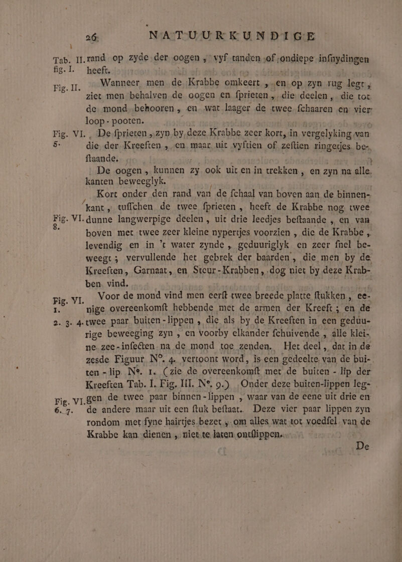 \ Tab. IL.rand op zyde gek oogen „ vyf tanden vof, randispe infaydingen fig.L heeft. Fig. IL. Wanneer men de ‚Krabbe omkeert ‚en op zyn rug legt, ziet men behalven de oogen en fprieten „die deelen, die toc de mond behooren „ en wat laager de twee beng en vier: loop - pooten. Fig. VL. , De fprieten „zyn by deze Krabbe zeer kort, in vergelyking,. van 5. die der Kreeften „en. maar. uit wies of zeftien tingees bee. ftaande. t De oogen , Rasen zy ook uiten in trekken , en zyn na alle. kanten beweeglyk. Kort onder den rand van de fchaal van boven aan de binnen- ‘kant „tuffchen de twee fprieten , heeft de Krabbe nog. twee Pie. VI. dunne langwerpige deelen , uit drie leedjes beftaande „en van boven met twee zeer kleine nypertjes voorzien „ die de Krabbe „ levendig en in ’t water zynde „ geduuriglyk en zeer fnel be- weegt ; vervullende het gebrek der baarden, die men by de Kreeften, Garnaat, en Steur-Krabben,. dog niet by deze Krab- ben. vind. É Voor de mond vind men eerft twee breede platte ftukken ee- Fig. VI. ke ki nige overeenkomft hebbende met de armen der Kreeft ; en de 2. 3 4twee paar buiten - lippen ‚die als by de Kreeften in een gedúu- rige beweeging zyn , en voorby elkander fchuivende „ alle klei- ne. zee-infeten.na de mond toe zenden. Hert deel „ dat in de zesde Figuur N°. 4. vertoont word, is een gedeelte, van de bui-. ten -lip. Ne. 1. (zie de overeenkomft met de buiten - lip der Kreeften Tab. L Fig. LIL N° 9.) Onder deze buiten-lippen leg-_ Fig. vi.gen de twee paar binnen-lippen , waar van de eene uit drie en: 6. 7. de andere maar uit een fluk beftaat. Deze vier paar lippen zyn rondom met fyne hairtjes-bezet „om alles wat tot voedfel. van de Krabbe kan.-dienen „ niette laten, ont{lippen. | De