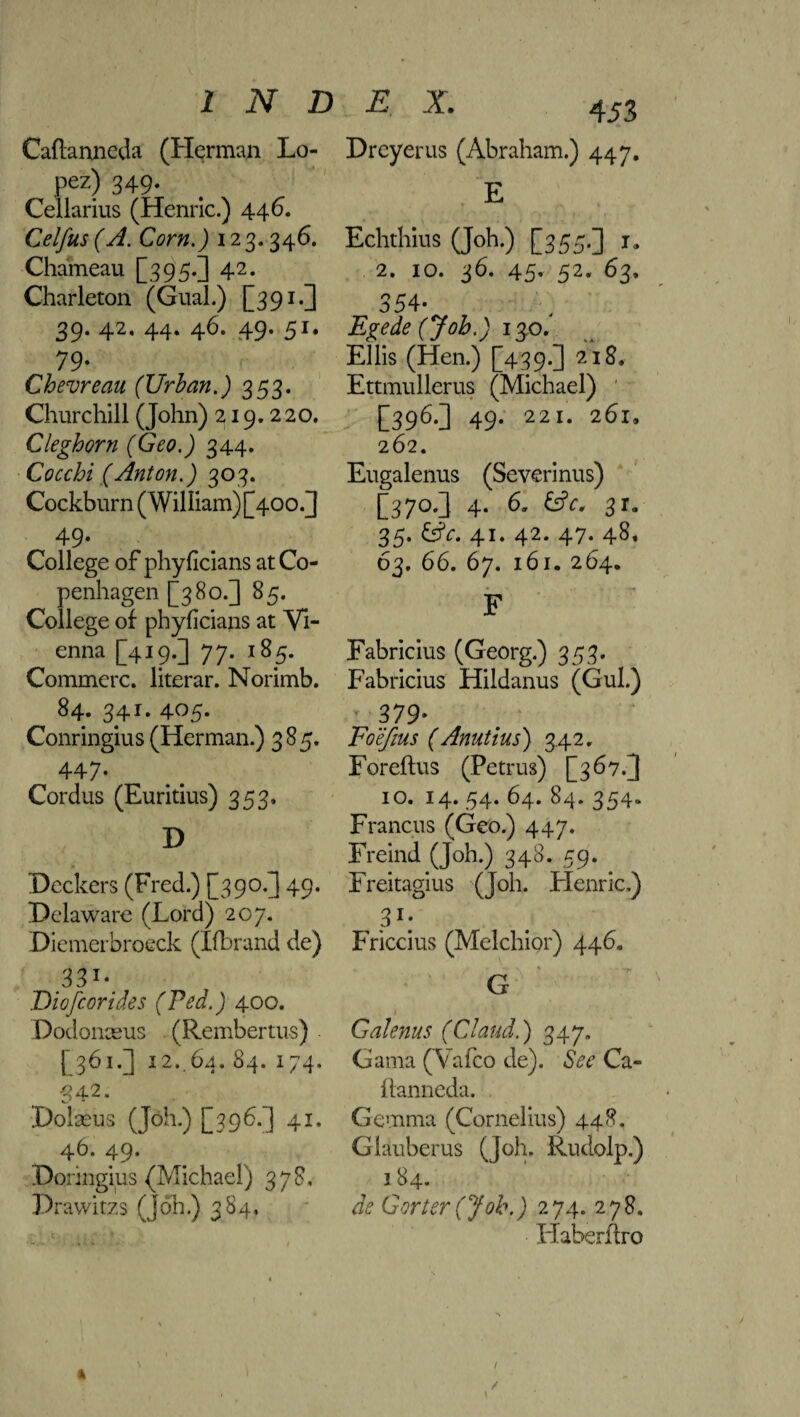 Caftanneda (Herman Lo¬ pez) 349. Cellarius (Henric.) 446. Celfus (A. Corn.) 123.346. Chameau [395.] 42. Charleton (Gual.) [391.] 39* 42- 44* 46* 49* 51* 79- Chevreau (Urban.) 353. Churchill (John) 219.220. Cleghorn (Geo.) 344. Cocchi (Anton.) 303. Cockburn (William) [400.] 49- College of phyficians at Co¬ penhagen [380.] 85. College of phyhcians at Vi¬ enna [419.J 77. 185. Commcrc. literar. Norimb. 84. 341. 405. Conringius (Herman.) 385. 447* Cordus (Euritius) 353, X> Deckers (Fred.) [390.! 49. Delaware (Lord) 207. Diemerbroeck (Ifbrand de) 331- Dio [corides (Fed.) 400. Dodonceus (Rembertus) ■ [361.] 12..64. 84. 174. S42. jDolaeus (Joh.) 1)396.] 41. 46. 49. Doringius (Michael) 378, Drawitzs (joh.) 384, 453 Drcyerus (Abraham.) 447. E Echthius (Joh.) [355.] 1. 2. 10. 36. 45. 52. 63, 354- Egede (Job.) 130. Ellis (Hen.) [439.] 218. Ettmullerus (Michael) D396.] 49. 221. 261, 262. Eugalenus (Severinus) [37°.] 4. 6. &c. 31. 35. &V. 41. 42. 47. 48, 63. 66. 67. 161. 264. F Fabricius (Georg.) 353. Fabricius Hildanus (Gul.) • 379- Foefius (Anutius) 3.42. Foreftus (Petrus) [367.3 10. 14. 54. 64. 84. 354. Francos (Geo.) 447. Freind (Joh.) 348. 59. Freitagius (Joh. Flenric.) 31 ; Friccius (Melchior) 446. G 1 \ Galenus (Claud.) 347, Gama (Vafco de). See Ca- flanneda. Gemma (Cornelius) 448. Glauberus (joh. Rutlolp.) 184. de Gorter (Joh.) 274. 278. Flaberflro \ / /