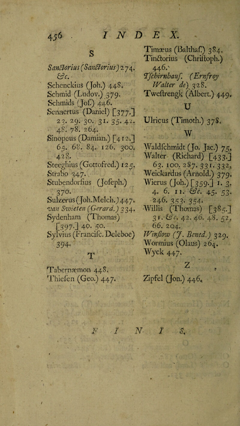 Sandier ius (San ft onus) 2 74. &c. Schenckius (Job.) 448. Schmid (Ludov.) 379. Schmids (Job) 446. Sennerms (Daniel) [377.] 23. 29. 30. 31. 35. 42. 48. 78. 264. Sinopeus (Damian.) [4 r 2.J 65. 68. 84. 126c 300. 428. Steeghius (Gottofred.) 125. Strabo 347. Stubendorfius (Jofeph.) 37°* Sulzerus (Joh.Melch.) 447. ‘Lvz/z Swieten (Gerard.) 334. Sydenham (Thomas) [397-]^4Q- 5°- Sylvius (Francifc. Dcleboe) 394- T Tabernaemon 448. Thielen (Geo.) 447. Timseus (Balthaf!) 384, Tin&orius (Chriftoph.) 446/ Tfchirnhauf. (Ernfroy Walter de)% 28. Tweftrengk (Albert.) 449. ; U Ulricas (Timoth.) 378, W Waldfchmidt (Jo. Jac.) 75, Walter (Richard) £43 3.j 63. 100. 287. 331.332, Weickardus (Arnold.) 379. Wierus (Joh.) [359.] 1. 3, 4. 6. ii.< &V. 45. 53. 246. 353. 35a. Willis (Thomas) [385.] 31. &c. 42. 46. 48. 52f 66. 204. Winjlow (J. Bened.) 329, Wormius (Olaus) 264. Wyck 447. Z p Zipfel (Jon.) 44.6. F INI S. /