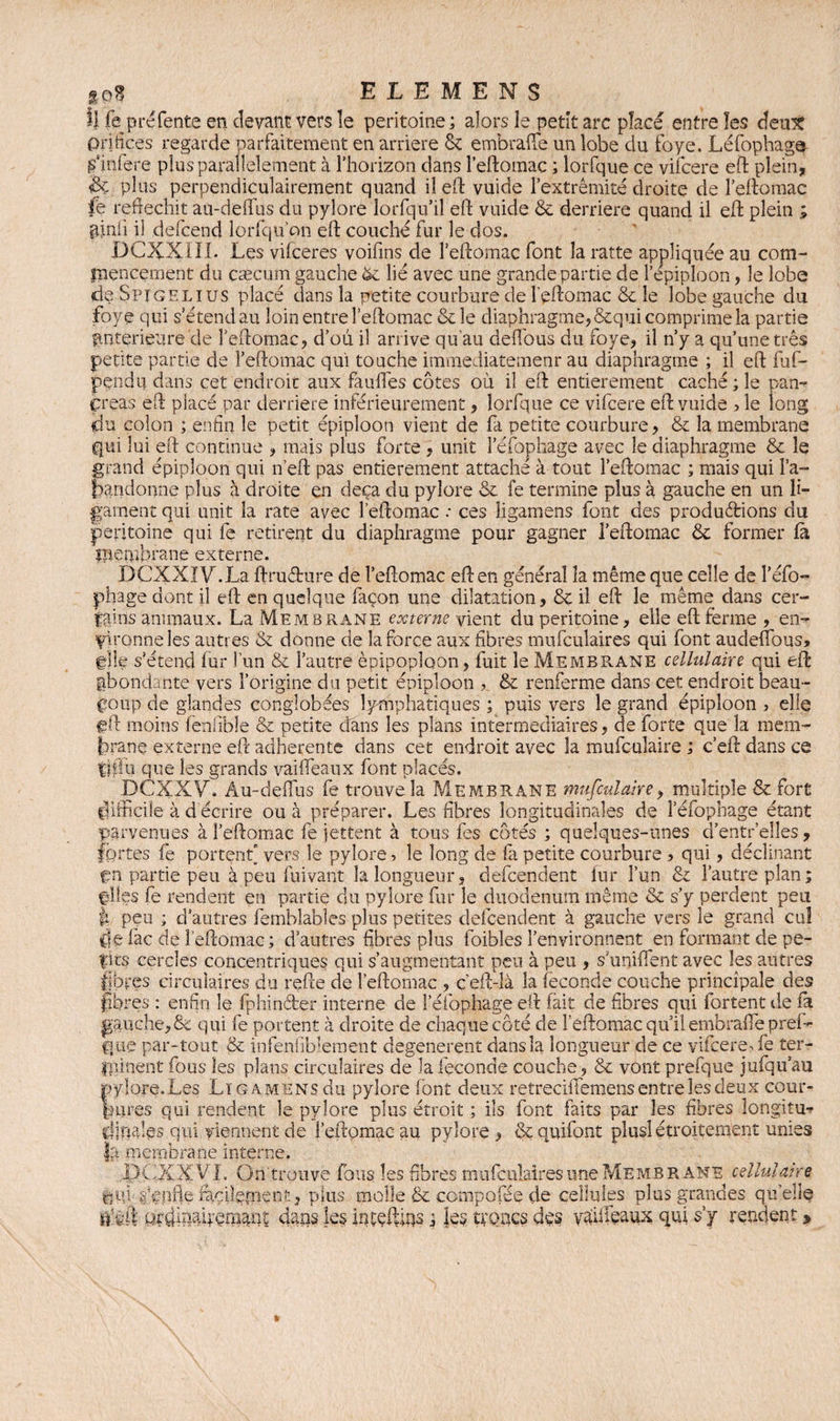 fl fe pré fente en devant vers îe péritoine; alors le petit arc place entre les deux Orifices regarde parfaitement en arriéré 6c embrafle un lobe du foye. Léfophag® Minière plus parallèlement à l’horizon dans l’eftomac ; lorfque ce vifcere eft plein, & plus perpendiculairement quand il eft vuide l’extrémité droite de l’eftomac fe réfléchit au-deflùs du pylore lorfqu’il eft vuide & derrière quand il eft plein ; pinii il defcend lorfqu on eft couché fur le dos. DCXXIII. Les vifceres voifins de l’eftomac font la ratte appliquée au com¬ mencement du cæcum gauche 6c lié avec une grande partie de l’épiploon, le lobe de Sptgelius placé dans la petite courbure de l’eftomac 8c le lobe gauche du foye qui s’étendau loin entre l’eftomac & le diaphragme,8cqui comprime la partie anterieure de l’eftomac, d’où il arrive qu’au deflbus du foye, il n’y a qu’une très petite partie de l’eftomac qui touche immediatemenr au diaphragme ; il eft fuf- pçndq dans cet endroit aux faufles côtes où il eft entièrement caché; le pan¬ créas eft placé par derrière inférieurement, lorfq ue ce vifcere eft vuide > le long du colon ; enfin îe petit épiploon vient de fa petite courbure, 8c la membrane qui lui eft continue , mais plus forte , unit l’éfophage avec le diaphragme 8c îe grand épiploon qui n’eft pas entièrement attaché à tout l’eftomac ; mais qui l’a¬ bandonne plus à droite en deçà du pylore 8c fe termine plus à gauche en un li¬ gament qui unit la rate avec l’eftomac : ces ligamens font des productions du péritoine qui fe retirent du diaphragme pour gagner l’eftomac 6e former là mergbrane externe. DCXXIVÙLa ftrucfture de l’eftomac eft en général la même que celle de l’éfo- phage dont il eft en quelque façon une dilatation, 6e il eft le même dans cer¬ tains animaux. La Membrane externe vient du péritoine, elle eft ferme , en-*- ’ÿirqnneles autres & donne de la force aux fibres mufculaires qui font audeflous» elle s’étend fur l’un 8c l’autre èpipoploon, fuit le Membrane cellulaire qui eft gbondante vers l’origine du petit épiploon ? 6e renferme dans cet endroit beau¬ coup de glandes çongîobées lymphatiques ; puis vers le grand épiploon ? elle Cft moins fenfible 6e petite dans les plans intermediaires, de forte que la mem¬ brane externe eft adhérente dans cet endroit avec la mufcuîaire ; c’eft dans ce tlflu que les grands vaifléaux font placés. DCXXV. Au-defïus fe trouve la Membrane mufcuîaire, multiple & fort difficile à d écrire ou à préparer. Les fibres longitudinales de l’éfophage étant parvenues à l’eftomac fe jettent à tous fes côtés ; quelques-unes d’entr’elles, fortes fe portent” vers le pylore > îe long de fa petite courbure ? qui, déclinant gn partie peu à peu fuivant la longueur, defeendent fur l’un 8c l’autre plan; piles fe rendent en partie du pylore fur le duodénum même 6c s’y perdent peu à peu ; d’autres femblabîes plus petites defeendent à gauche vers le grand cuî cie fac de l’eftomac ; d’antres fibres plus foibles l’environnent en formant de pe¬ ints cercles concentriques qui s’augmentant peu à peu , s!unifient avec les autres fibres circulaires du refte de l’eftomac , c’eft-là la fécondé couche principale des fibres : enfin le fphinéber interne de 1 efophage eft fait de fibres qui lortent de ia gauche,6c qui fe portent à droite de chaque coté de l’eftomac qui! embrafle preD que par-tout & infenfiblement degenerent dans la longueur de ce vifcere, fe ter¬ minent fous les plans circulaires de la fécondé couche, 6c vont prefque jufqu’au pylore. Les Ligamens du pylore font deux retreciflemens entre les deux cour¬ bures qui rendent îe pylore plus étroit ; ils font faits par les fibres longitu¬ dinales qui viennent de l’eftomac au pylore, ôçquifont plus! étroitement unies |p membrane interne. DCXXV I. On'trouve fous les fibres mufculaires une Me m.b r ANE cellulaire qql êCnfle fiiçilement, plus molle 6c compofée de cellules plus grandes quelle 8;èft Qrdiryùreffignç dans les inteftips ; les troncs des v^ilfçaux qui s’y rendent »