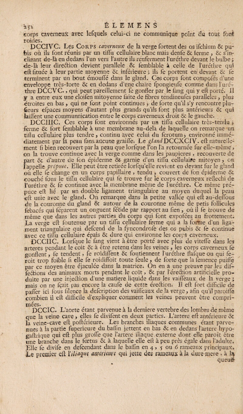 *** ÊLEMENS corps caverneux avec îefquels celui-ci ne communique point du tout foui roides. ... DCCIVC, Lés Corps caverneux de îa verge fortent des os ifchinm & pu- •fois où ils font réunis par un tiffu cellulaire blanc mais denfe & ferme , & s'in¬ clinant de-là en dedans l’un vers l'autre ils renferment l’uréthre devant le bulbe ; <de-là leur direction devient parallèle & femblable à celle de l’uréthre qui eft fituée à leur partie moyenne & inférieure ; ils fe portent en: devant & fe terminent par un bout émouffé dans le gland. Ces corps font compofés d une enveloppe très-forte & en dedans d’une chaire fpongieufe comme dans l’uré- thre DCCVC., qui peut pareillement fe gonfler par le fang qui y eft porté, iî Y a entre eux une cloifen mitoyenne faite de fibres tendineufes parallèles , plus étroites en bas , qui ne font point continues > de forte qu’il s’y rencontre plu- fieurs efpaces moyens d’autant plus grands qu’ils font plus antérieurs & qui laiffent une communnication entre le corps caverneux droit & le gauche. DCCIIIC. Ces corps font environnés par un tiffu cellulaire très-tendu * ferme & fort femblable à une membrane au-dela de laquelle on remarque un tifîu cellulaire plus tendre, continu avec celui du ferotum > environné immé¬ diatement par la peau fans, aucune graiffe. Le gland DCCXCIV. eil naturelle¬ ment fi bien recouvert par îa peau que lorfque l’on l’a retournée fur elle-même, on la trouve continue avec la verge comme dans les paupières j recouverte de part & d’autre de fon épiderme && garnie d’un tiffu cellulaire mitoyen ? on l’appelle prépuce. Elle peut être retirée lorfqu’elle revient en devant fur le gland où elle fe change en un corps papillaire , tendu 9 couvert de fon épiderme & couché fous le tiffu cellulaire qui fe trouve fur le corps caverneux réfléchi de Furéthre & fe continue avec la membrane même de furéthre. Ce même pré¬ puce eft lié par un double ligament triangulaire au moyen duquel la peau eft unie avec le gland. On remarque dans la petite vallée qui eft au-deffous de la couronne du gland & autour de îa couronne même de péris follicules febacés qui féparent un onguent fétide par rapport au fien , où il fe trouve de même que dans les autres parties du corps qui font expofées au frottement» La verge eft: foutenue par un tiffu cellulaire ferme qui a la forme d’un liga¬ ment triangulaire qui defeend de la fyncondrofe des os pubis & fe continue avec ce tiffu cellulaire épais & dure qui environne les corps caverneux. DCCIÏC. Lorfque le fang vient à être porté avec plus de viteffe dans les arteres pendant le coit St à être retenu dans les veines , les corps caverneux fe gonflent, fe tendent, fe roidiffent & foutiennent l’uréthre flafque ou qui fe- roit trop foible fi elle fe roidiffoit toute feule , de forte que la femence puiffe par ce moyen être éjaculée dans la matrice. On en a une preuve par les dif¬ férions des animaux morts pendant le coït ? & par î’ére&ion artificielle pro¬ duite par une injedrion dune matière liquide dans les vaiffeaux de h verge ; mais on ne fçait pas encore la caufe de cette érection* ïl eft: fort difficile de palier ici fous fiience la defeription des vaiffeaux de la verge , afin qu’il paroiffe combien il eft: difficile d’expliquer comment les veines peuvent être compri¬ mées. DCCIC. L’aorte étant parvenue à îa derniere vertebre des lombes de même que ia veine' cave , elles fe divifent en deux parties. L’artere eft: antérieure & îa veine-cave eft: poftérieure. Les branches iliaques communes étant parve¬ nues à la partie fuperieure du badin jettent en bas & en dedans Fartere hypo- gaftrique qui eft: plus groffe que fartere iliaque externe dont elle paroît être une branche dans le fœtus & à laquelle elle eft à peu près égale dans l’adulte. Elle fe divife en defeendant dans le baffin en 4, 5 ou 6 rameaux principaux. Le premier eft: l'iliaque antérieure qui jette des rameaux à îa dure mere , à I4 queuê-
