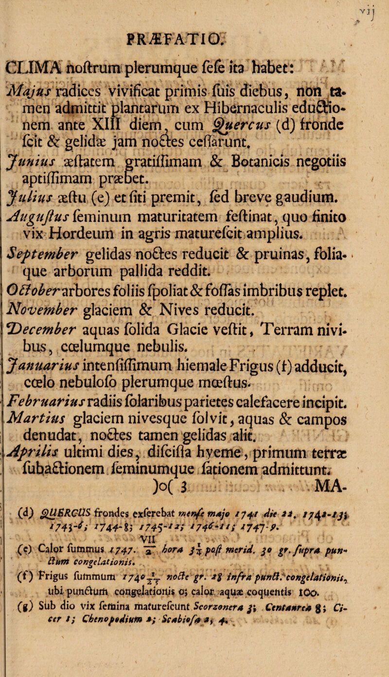 CLIMA noftrum plerumque fele ita habet: Majus radices vivificat primis luis diebus, noti ta* men admittit plantarum ex Hibernaculis eduQrio* nem ante XIII diem, cum Quercus (d) fronde Icit & gelidae jam noctes ceflarunt. Junius aeftatem gratilfimam & Botanicis negotiis aptilfinvam prsebet. | Julius aeftu (e) et liti premit, led breve gaudium. Augufius feminum maturitatem feftinat, quo finito , vix Hordeum in agris maturelcit amplius. I September gelidas noQres reducit & pruinas, fblia- que arborum pallida reddit. i Oclobersrhovcs foliis Ipoliat & folias imbribus replet. ' November glaciem & Nives reducit. \cDecember aquas folida Glacie vellit, Terram ni vi* bus, coelurnque nebulis. j Januarius intenfiffimum hiemale Frigus (f) adducit, i coelo nebulolb plerumque moeftus. ■ Februarius radiis lolaribus parietes calefacere incipit. I Martius glaciem nivesque lolvit, aquas & campos i denudat, noctes tamen gelidas alit. \ Aprilis ultimi dies, difcifia hyeme, primum terras !| fubaftionem feminumque lationem admittunt. )o( i . MA- (d) glUEROUS frondes exferebat menfe tnajo ij+t die ii, *7^*m*3i *74V*i *744~%i i745-**> 1746-1 i/ tjfj p. 1 VIX , ^ } .. (c) Calor futnmus /747. *£* hora pofl tntrid. 30 gt*fttpra pun- Ctum congelationis* (f) Frigus fummum 1740^ nottc gr. Jg infra pun&i congelationis, j ubi pun&um congelationis oj calor aqUac coquentis I0o. (g) Siib dio Vix femina maturefcunt Scorzoneta 31 Centaure» g; Ci¬ cer /; Chenopodium Scabiofa 4*