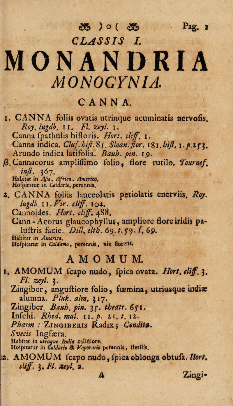 CLASSIS I. MONANDRIA MONOCYNIA. C A N N A. 1. CANNA foliis ovatis utrinque acuminatis ncrvofis* Roy, lugdb. 1i. FI. zeyl, i. Canna fpathulis bifloris. Hort. cliff’ r. Canna indica. Cluf.hifi.81. Sloan.flor. 181.bijl. J* Arundo indica latifolia. Bauh. pin. ip. /3.Cannacorus ampliflimo folio, flore rutilo. Tournef. inft. 367. Habitat in Africa * America. Hofpitatur in Caldario, perennis, 2. CANNA foliis lanceolatis petiolatis enerviis, Roy. lugdb. 11. Fir. cliff. 104* Cannoides. Hort. cliff. 488. Cann- Acorus glaucophyllus, ampliore flore iridis pa- luftris facie. Dill. eltb. 69. t. f 9. f. 69. Habitat in America. Hofpitacur in Caldario, perennis, vix florens. AMOMUM. i. AMOMUM fcapo nudo, fpica ovata. Hort. cliff. Jp FI. zeyl. 3. Zingiber, anguftiore folio, foemina, utriusque indias alumna. Pluk. alm. 317. Zingiber, Bauh%pin. 35*. theatt. 6f i. Infchi. Rhed. mal, 11. p. 11. t. 12. Pharm : Zingiberis Radix 5 Condita. S ve cis Ingflera. Habitat in utraqve India calidiore. Hofpitatur in Caldario dc Vaporario perennis, fterilis. 3. AMOMUM fcapo nudo, fpica oblonga obtufa. Hort* cliff. 3* FI. zeyl. a. A Zingi*