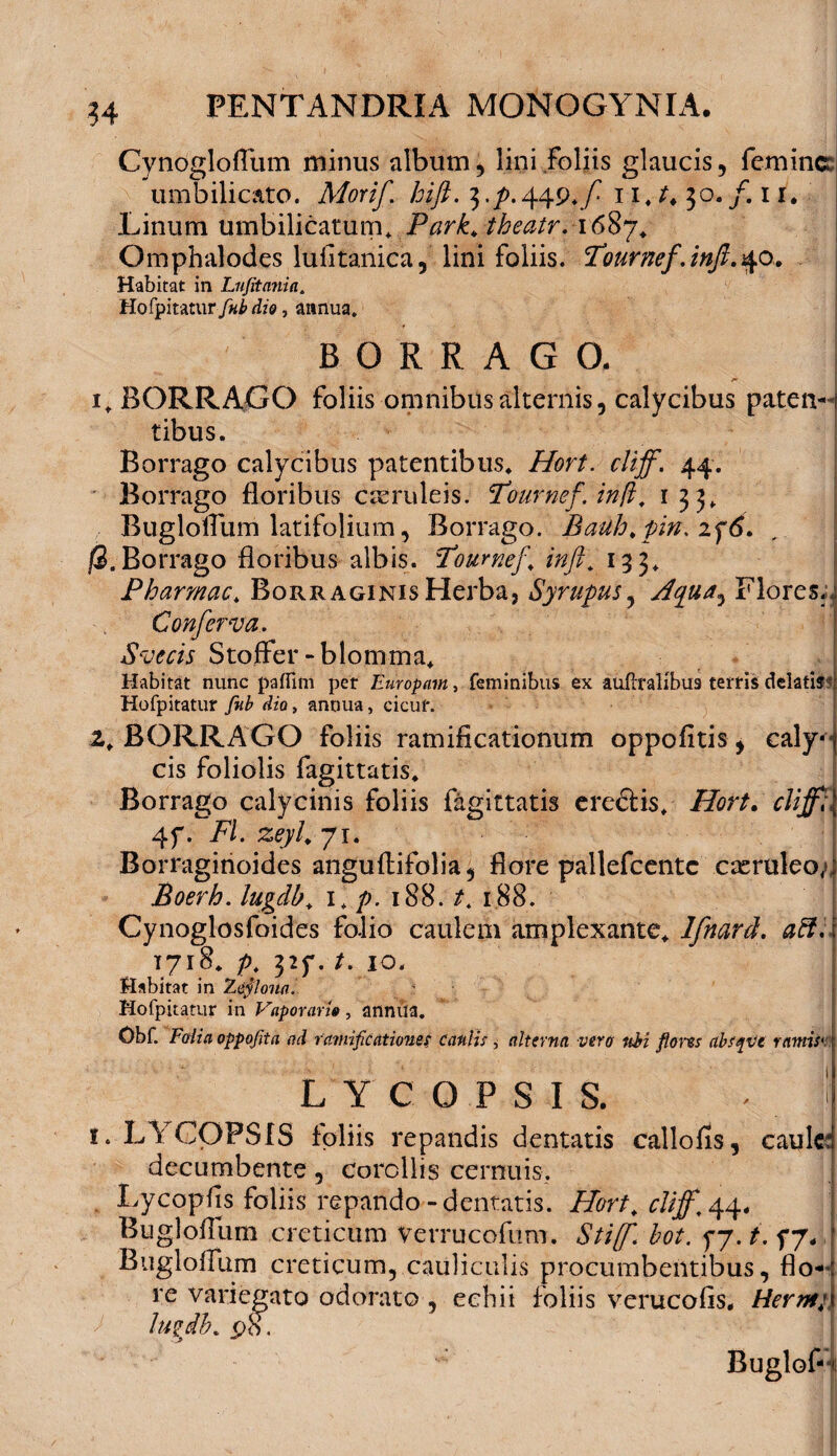 Cynogloflum minus album, lini Foliis glaucis, femine umbilicato. Morif. hift. 3,p.1 1. 30./. 11. Linum umbilicatum* Park, theatr. 1687* Omphalodes lufitanica, lini foliis. Tournef.injl, 40. Habitat in Lnjitnnia, Hofpitaturdio, annua. BORRAGO. 1* BORRAGO foliis omnibus alternis, calycibus paten¬ tibus. Borrago calycibus patentibus, cliff. 44. ' Borrago floribus caeruleis. Fournef. infl. 133* Bugloirum latifolium, Borrago. Baulo.pin. if6. (2. Borrago floribus albis. Fournef. //z/?* 133. Pharmac. Borraginis Herba, Syrupus, Aqua^ Flores., Conferva, Svecis Stoffer - blonima. Habitat nunc paffirn per Europam, feminibus ex au(lralibu9 terris delatio Hofpitatur ^zo, annua, cicur. 2. BORRAGO foliis ramificationum oppofltis, caly¬ cis foliolis fagittatis. Borrago calycinis foliis fagittatis ereclis. Hort. cliffl 4f. FI. zeyl, 71. Borraginoides anguflifolia, flore pallefcentc cxruleo/, Boerh. lugdb. 1* p. 188. A 188. Cynoglosfoides fo-lio caulem amplexante. Ifnard. aff. 1718. p, 325*. /. 10. Habitat in Zeylona. Hofpitatur in Vaporari», annita. Obf. Faiiaoppofita ad ramificatioms caulis i alterna vera ubi flons absqvt ramisv: L Y C O P S I S. - ! 1. L\ COPSIS foliis repandis dentatis callofis, caule: decumbente, corollis cernuis. Lycopfls foliis repando-dentatis. Hort, cliff, 44. Buglofliim creticum verrucofum. Stijf. bot. fj. t. f7* Bugloflum creticum, cauliculis procumbentibus, flo¬ re variegato odorato , eehii foliis verucofis, Hermi lugdb. _p8. Buglof-i