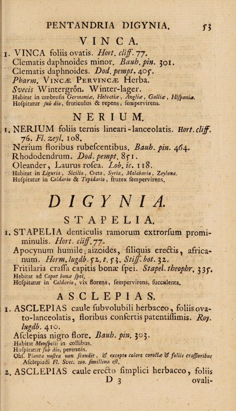 PENTANDRIA DIGYNIA, 5-3 V I N C A. i. VINCA foliis ovatis. Hort, cliff. jj. Clematis daphnoides minor, Bauh.pin. $oi. Clematis daphnoides. Dod.pempt, 40^. Pharm. Vincee. Pervincte Herba. Svecis Wintergron. Winter-lager. Habitat in umbrofis Germania, Helvetia, Anglia, Gallia, Hijpania. Hofpitatur fub dio, fruticulus & repens, fempervirens. N E R I U M. 1* NERIUM foliis ternis lineari-lanceolatis. Hort.cUff. 76. FI. zeyh 108* Nerium floribus rubefcentibus, Baub. pin. 464. Rhododendrum. Dod. pempt, 8f 1. Oleander, Laurus rofea. Lob.ic. 118. Habitat in Liguria , Sicilia , Creta, , Malabaria, Zeylona. Hofpitatur in Caldario & Tepidario, frutex fempervirens, D 1 G Y n 1 A. STAPELIA. 1. STAPELIA denticulis ramorum extrorfum promi- minulis. diff.yy. Apocynum humile ^aizoides, Aliquis ereftis, africa- num. Hermjugdb. fz, A f $, bot. 51. Fritilaria crafla capitis bonae fpei. Stapel.theophr\ 33^, Habitat ad Caput bona fpei. Hofpitatur in Caldario, vix florens, fempervirens, fucculcnta, ASCLEPIAS. 1. ASCLEPIAS caule fubvolubili herbaceo, foliis ova- to-lanceolatis, floribus confertis patentiflimis. Roy. lugdb. 410. Afclepias nigro flore, Baub. pin, 305. Habitat Monfpelii in collibus. Hofpitatur fub dio, perennis. Qbf. Planta nofira non fcandit, & excepta colore corolla & foliis crajjiorihut Afclepiadi FI. Svec. 200. fimillina efl. 2t ASCLEPIAS caule erecto flmplici herbaceo, foliis D 3 ovali-
