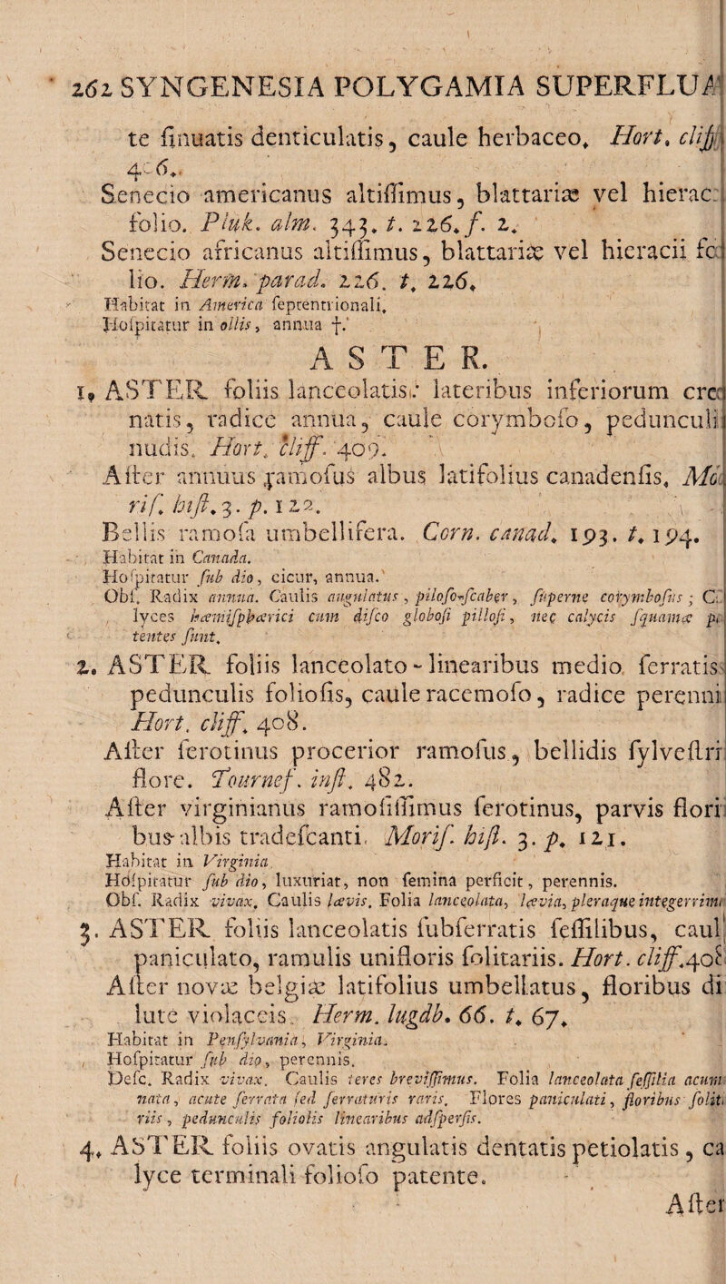 - . > ' te finuatis denticulatis, caule herbaceo* ffori, clijj 4C Senecio amer i canus altiffimus, blattarias vel hierae folio. PluL alm. 343* t. iz6. f. z. Senecio africanus altiffimus, blattariae vel hieracii fci lio. Hcrmv paracL zz6. t* 2.16* Habitat in America feptentiionali, Jioipitatur in ollis, annua f.‘ A S T E R. ASTER foliis lanceolatisu lateribus inferiorum crc:s natis, radice annua, caule corymbofo, pedunculi 1 nud is. Hartt chjf. ‘40 9. Alter annuus pamofus albus latifolius canadenfis* Mo\ rlf\ p.izz, 9 I Bellis r a m o 1a u m b e 11 i re r a. Ccrn. cnnacL 19 3. A 1P4. Habitat in Canada. Hospitatur fub dio, cicur, annua. Obi’ Radix annua. Caulis angulatus, pilofo-rfcaber, fiiperne cotymbofus; C, lyces hamjfpbcerici cum difeo globoji pillofi, nec calycis fquamee p, tentes funt. Z, ASTER foliis lanceolato - linearibus medio ferratis pedunculis foliolis, caule racemofo, radice perennis Hort, cYiff, 408. Alter ferotinus procerior ramofus, bellidis fylveflri flore. Pournef. inft, 481. Alter virginianus ramoliffimus ferotinus, parvis flori bus-albis tradefeanti, Morif. hifl. 3. p* izi. Habitat in Virginia Hdfpitatur fub dio, luxuriat, non femina perficit, perennis. Obf. Radix -vivax. Caulis Icevis, Folia lanceolata, laevi a, pleraque integerrimi ASTER foliis lanceolatis lubferratis fefliiibus, caul! parfculato, ramulis unifloris folitariis. Hort. cliff.408 After novae belgiae latifolius umbellatus, floribus di lute violaceis. Herm. lugdb. 66. t* 67* Habitat in Pgnfylvania, Virginia. Hofpitatur fvb dio, perennis. Defc. Radix -vivax. Caulis teres breviffnnus. Folia lanceolata feffilia acum nata, acute ferrata fed ferraturis raris, Flores paniculati, floribus foliti viis, pedunculis foliolis linearibus adfperfs. 4* ASTER, foliis ovatis angulatis dentatis petiolatis, ca lyce terminali foliofo patente.