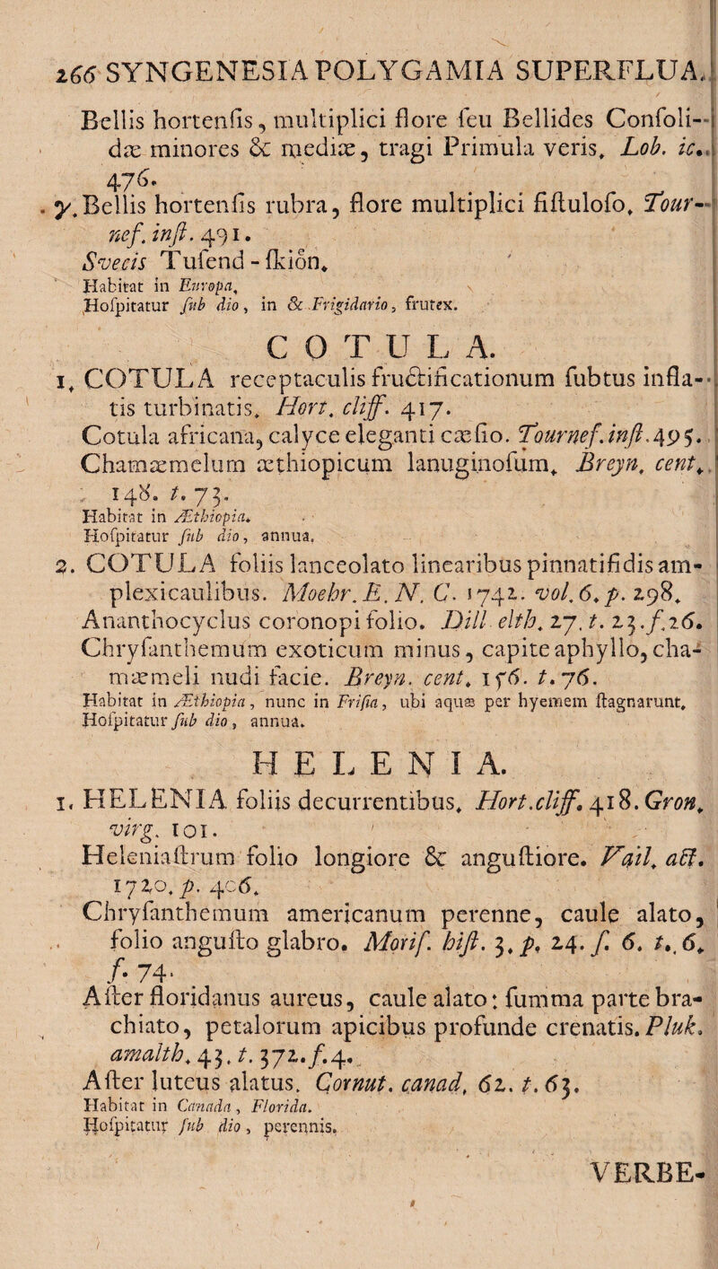 Bellis hortenfls, multiplici flore leu Bellides Confoli- das minores &c mediae, tragi Primula veris, Lob. ic,. 476. . y\Bellis hortenfls rubra, flore multiplici fiftulofo, Tour~ nef inft. 491. Svecis Tufend - fldon* Habitat in Europa, Hofpitatur fub dio, in 8c .Frigidario, frutex. C O TU L A. 1, COTULA receptaculis fru&ificationum fub tus infla¬ tis turbinatis, Hort.cliff417. Cotula africana, calyce eleganti casfio. TournefJnft.495. ' Charnaemelum aethiopicum lanuginofiim, Breyn, cent+ ' 148. /. 73, Habitat in /Ethiopia* Hofpitatur fub dio, annua. 2. COTULA foliis lanceolato linearibus pinnatifidisam- plexicaulibus. Moehr. E, N. C. 5742.. vol.6.p. 2:98, Anantbocyclus coronopi folio. DHL elth. 27. t. 23 ./,2(5. Chryfanthemum exoticum minus, capiteaphyllo, cha¬ maemeli nudi facie. Breyn. cent, if<5. /.76. Habitat in /Ethiopia, nunc in Frifia, ubi aquss per hyemem ftagnarunt, Hofpitatur fub dio , annua. HELENI A. i, HELENIA foliis decurrentibus, Hort.cliff, 418. Gron. virg. 101. 1 Heleniaftrum folio longiore & anguftiore. Vail. aff. 1720, p. 406, Chryfanthemum americanum perenne, caule alato, folio anguito glabro. Morif. hift. $.p, 24. f <5. t,t6^ /• 74* After floridanus aureus, caule alato: fumma parte bra¬ chiato, petalorum apicibus profunde crenatis. Pluk, amalth, 43, t. 372./.4, After luteus alatus. Cornut. canad. 61. t.63. Habitat in Canada, Florida. Hofpitatur fub dio, perennis, ver.be-