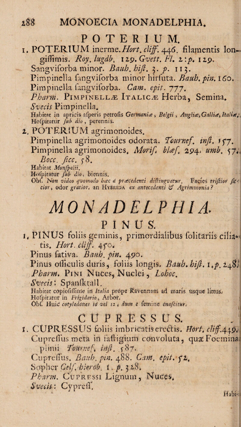 POTERIUM, i. POTERIUM inerme. Hort.cliff. 446. filamentis lon- giffimis. Roy.lugdb* 129. Gvett. FL z\p. izp, Sangviforba minor, Bauh.hift. 3. /). 113. Pimpinella fangviforba minor hirfuta. Bauh.pin. 160. Pimpinella fangviforba. £/?//. 777. Pharm. Pimpinella Italica Herba, Semina* S ve cis Pimpinella* Habitat in apricis afperis petrofis Germania , Belgii, Anglia, Gallia, Italia, Hofpitatur Jub dio , perennis. i. POTERIUM agrimonoides* Pimpinella agrimonoides odorata. Tournef* infl. if7* Pimpinella agrimonoides* Morif, bloef. 294* umb. 57« Bocc. ficc. y8* Habitat Monfpelii. Hofpitatur yi/i dio, biennis. Obi. New •video qvomodo hac d procedenti diftmgvdtnr. Facies tnflior fiC' cior, odor gratior, an Hybrida ex antecedenti W Agrimmonia? MONADELPHI A- PINOS. I* PINUS foliis geminis, primordialibus folitariis cilia¬ tis» Hort. ciijf. 4fo. Pinus lativa. Bauh. pin. 490. Pinus ofliculis duris, foliis longis, Bauh.hift. i*/>. 248, Pharm. Pini Nuces, Nuclei , Lohoc. Svecis : S p anfk tali. Habitat cOpiofiffilne iri Italia prope' Ravennam ad maris tisquef littiis.- Hofpitatur in Frigidario, Arbor. Obf. Huic cotyledones id vel iz diim e femine enafeitut; CUPRESSU S. 1. CUPRESSUS foliis imbncatisereftis, Hort. cliff.449, Cupreffus meta in raffigium convoluta, quaeFoetnina p i inii inft» f 87. Cupreffus* Bauh.pin. 488. Cz?#* cpit.fi, S0piler GeIf, hierob, i. p. 32»8. Pharm. Cupressi Lignum, Nuces» Svecis: Cvurdff ' ' Habi-1