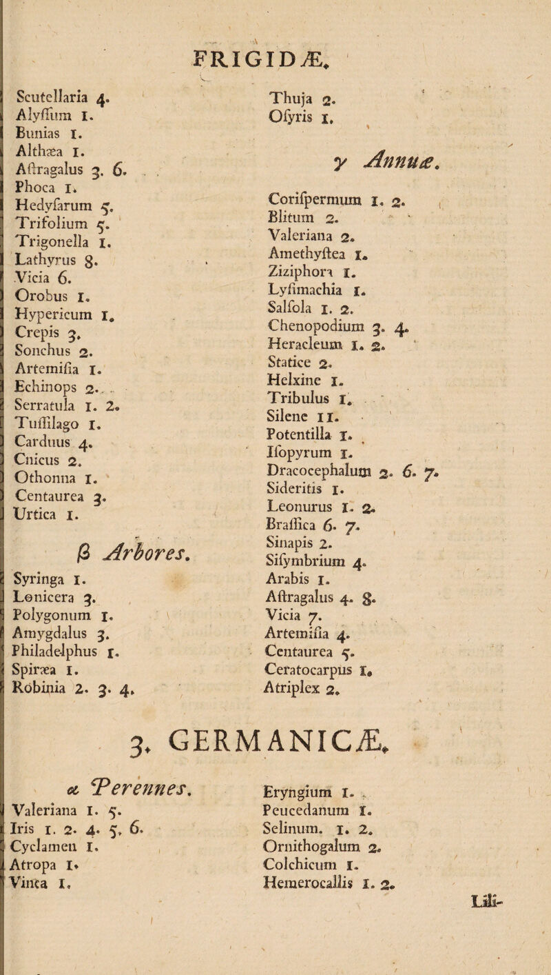 Scutellaria 4. Alyffum I. Bunias 1. Althaea 1. Afiragalus 3. 6. Phoca I* Hedyfarum Trifolium Trigonella i. Lathyrus g. Vicia 6. Orobus i. Hypericum xa Crepis g. Sonchus 2. Artemiiia 1. Bchinops 2. - Serratula I. 2. Tuffilago 1. Carduus 4, Cnicus 2. Othonna 1. Centaurea 3« Urtica 1. /3 Arbores. Syringa x. Lonicera 3. Polygonum 1. Amygdalus 3. Philadelphus 1. Spiraea I. Robinia 2. 3. 4* Thuja 2« Ofyris x, y Annu£. Corifpermum 1. 2. Blitum 2. Valeriana 2® Amethyftea 1» Ziziphora x. Lyfimachia i. Salfola 1. 2. Chenopodium g. 4, Heracleum 1. 2» Statice 2® Helxine 1. Tribulus 1, Silene 11. Potentilla i® Iiopyrum 1* Dracocephalutn 2- 6® 7® Sideritis x. Leonurus X- 2® Braffica 6. 7® Sinapis 2. Sifymbrium 4® Arabis 1. Aftragalus 4. g® Vicia 7. Artemiiia 4. Centaurea 5. Ceratocarpus x« Atriplex 2® 3. GERMANICAE, # 4Terennes. Valeriana I. 5. Iris 1. 2. 4. 5, 6® Cyclamen X. Atropa X* Eryngium 1. , Peucedanum X. Selinum. 1. 2® Ornithogalum 2. Colchicum x„