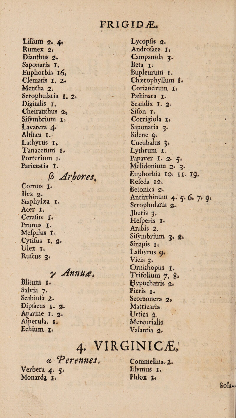 FRIGIDiE. ' / Lilium 2. 4« Rumex 2* Dianthus 2* Saponaria I. Euphorbia i& Clematis I, 2* Mentha 2* Scrophularia x* 2* Digitalis i. Cheirattthus 2*5 Sifymbrium i* Lavatera 4* Althsea 1./ Lathyrtis i+ Tanacetum 1« Porterium 1. Parietaria I* /3 Arbores0 Cornus i* Ilex 2* Staphylxa x« Acer 1. Cerafus ii , Prunus 1. Mefpilus is Cytifus I, 2« Ulex 1* Rufcus 3 * y Annua, Blitum i* Salvia 7. Scabiofa 2. Dipfacus x. 2. Aparine x. 34 Afperuta. Xi Echium i* Lycdpfis 2* Androface I* Campaniila Beta i; Bupleuruin ii Chaerephyllum i» Coriandrum I» Paftinaca x. Scaridix x. 2» Sifon 1. Corrigiola tb Saponaria g* Silene 9. Cucubalus 5 i Lythrum x. Papaver X. 2. ^ Melidonium 2* 3* Euphorbia io* XX. 19. Refeda 12. Betonica 2* Antirrhinum 4. g. 7 Scrophularia 2* Jberis 3. Hefperis Xi Arabis 2, Sifymbrium 3. jg* Sinapis 1» Lathyrus 9* Vicia 3 i Ornithopus i. Trifolium 7. Uypochxris 2* Picris i* Scorzonera 2* Matricaria Urtica 2- Mercurialis Valantia 2- 4. VIRGIN ICE; #> ?erentieS* Commelina* 2* Verbera 4. 54 Elymus x. Monardj .j* fhlox x<