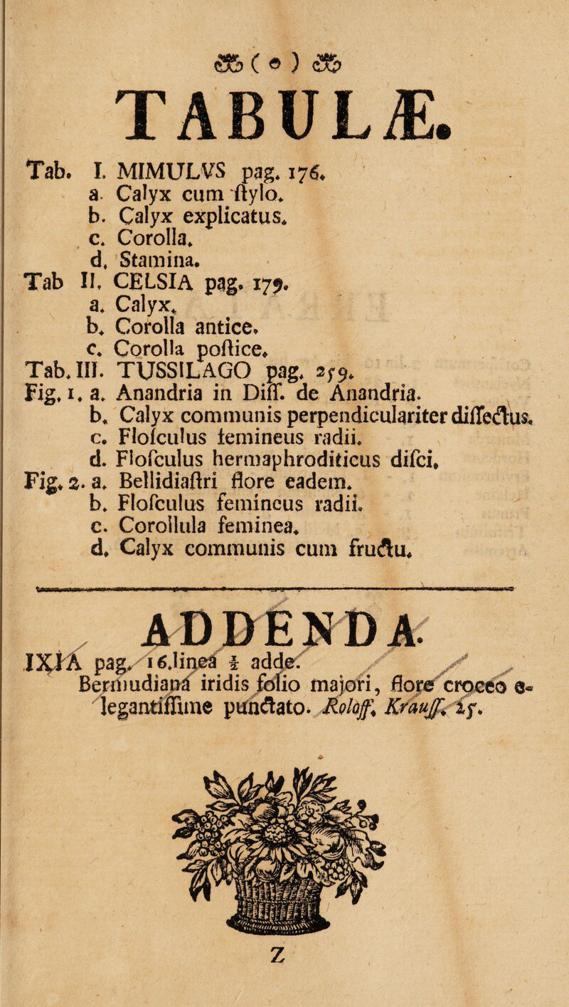<35>( « ) <36 TABULiE. Tab. I. MIMULVS pag. 176, a Calyx cum ftylo. b. Calyx explicatus. c. Corolla. d. Stamina. Tab II. CE LSI A pag. 179. a. Calyx. b. Corolla antice, y <\ Corolla poftice* Tab* III. TUSSILAGO pag* Fig* i* a* Anandria in Diff. de Anandria. b* Calyx communis perpendiculariter difle(^ds« c. Flofculus lemineus radii* d. Flofculus hermaphroditicus difci* Fig* 2. a* Bellidiaftri flore eadem* b* Flofculus femineus radii, c. Corollula feminea* d* Calyx communis cum fru$u* tws ■J? IJp^A pag. ic.lipea i adde. X x Bcrnmdiana iridis folio majori, flore croceo e, legantiflime pundato. Rolaff, Krauff. iy.