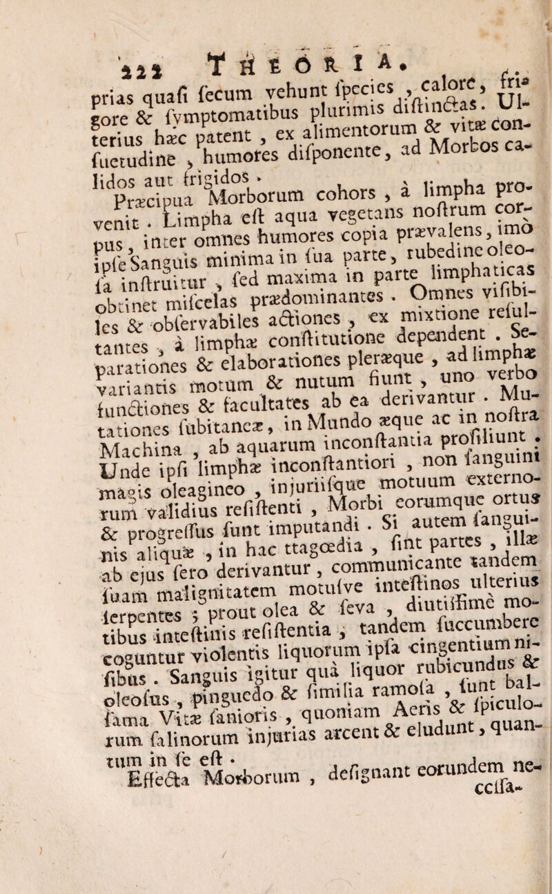 prias quafi fecum vehunt ipccjes , calore, fri* Sine Rumores difponcnte, ad Morbos ca- ’''pracip iu a'lil orborum cohors , i Umpha pro- vpnit . Limpha eft aqua vegetans noftrum cor pus inter omnes humores copia prsvalens imo kk Sanguis minima in fua parte, tubecneoleo ia inftruitur , fed maxima m parte hmphaucas obtinet milcelas pradominantes . Omnes vii im fes & obfervahilel aftioncs , ex mixtione reiul- ti,ves a limpha; conftitutione dependent . Se¬ parationes & elaborationes pleraque ad hmphs Vmantis motum & nutum fiunt, uno verbo tuXn« & facultates ab ea derivantur . Mu- rationes (ubitancx, in Mundo «que ac in noftra Machina ab aquarum inconftantia profthun . Unde ipfi 'limpha: inconffantiori , non fanguini magis oleagineo , injuri,fque potuum extern^ tum validius refirtenti , Morb, eorum que orm* & progretfus funt imputant • -u^ nU iIhWe , in hac ttagcedia , fint partes , \ux ab cius^fero derivantur, communicante tandem fuam malignitatem motulve inteftmos ulternis luam n-ang peva dnitiiiime mo- tibusPteftinis refiftentia , tandem fuccumbere coguntur violentis liquorum ipfa cingcnuumnr- fibus Sanguis igitur liquor rubicundus & oleolus , pinguedo & funi lia raP°‘? kiculo- fama Vita: fanions quomam Aens & ‘P* rum falinorum injurias arcent & eludunt, quan tUEf&£ Morborum , defignant eorundemn*