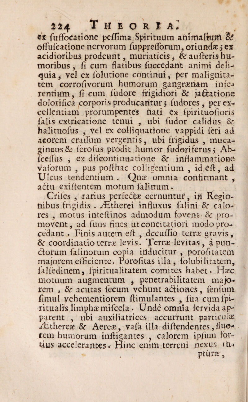 dt FufFocatione pefTima Spirituum animalium ofFufcatione nervorum FupprelForum, oriundse, ex acidioribus prodeunt, muriaticis, &auflerishu¬ moribus , fi cum flatibus Fuccedant animi deli¬ quia, vel ex Folutione continui, per malignita¬ tem corrofivorum humorum gangrsenam infe-* rentium, fl cum Fudore frigidiori 8c ja£fatione dolorifica corporis producantur 5 Fudores, per ex¬ cellentiam prorumpentes nati ex Fpirituofloris Falis extricatione tenui , ubi Fudor calidus & halituofus , vel ex colliquationc vappidi (eri ad acorem crafFum vergentis, ubi frigidus , muea- gineus& ferofiis prodit humor Fudoriferusj Ab- FcefFus , ex diicontinuatione & inflammatione vaforum , pus pofthac colligentium , idefl, ad Ulcus tendentium . Qna? omnia confirmant , actu exiftentem motum lalinum. CriFes , rarius perfecta? cernuntur, in Regio¬ nibus frigidis . /Etherei influxus Falini & calo¬ res , motus inteftinos admodum fovent & pro¬ movent, ad fuos fines ut concitatiori modo pro¬ cedant . Finis autem efl , dccuflio terra? gravis, & coordinatio terra? levis. Terra? levitas, a pun- tfiorum Falinorum copia inducitur , porofitatchi majoremeflicicnte. Porofitas illa, iolubilitatem, Falfedinem, fpiritualitatem comites habet* Ha?c motuum augmentum , penetrabilitatem majo¬ rem j & acutas fecum vehunt adtiones, FenFum fimul yehementiorem flimulantes , fiia cumfpi- ritualis limpha mifcela. Unde omnia fervida ap¬ parent , ubi auxiliatrices accurrunt particula? ^Ethcrea? & Aerea?, vafa illa diflendentes, fluo¬ rem humorum inffigantes , calorem ipfiim for¬ tius accelerantes «■ Hinc enim terreni nexus iti~» ptura?,
