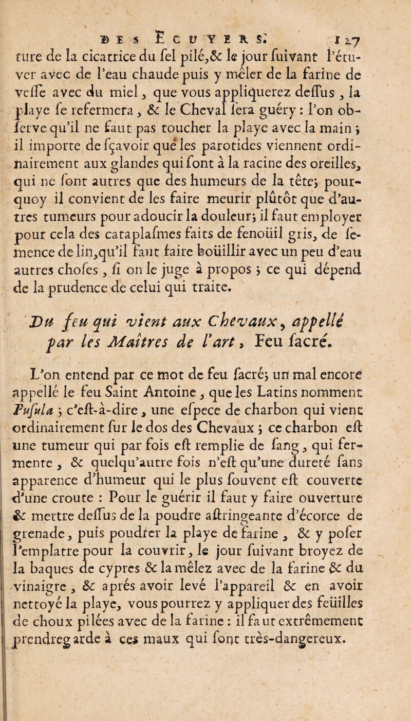 V b e s Écuyers; i 2.7 îtire de la cicatrice du fel pilé,& le jour fuivant l’étu- ver avec de l’eau chaude puis y mêler de la farine de velfe avec du miel , que vous appliquerez deflus , la plciye le refermera, le Cheval iera guéry : l’on ob¬ ier ve qu’il ne faut pas toucher la playe avec la main * il importe defçavoir que les parotides viennent ordi¬ nairement aux glandes qui font à la racine des oreilles, qui ne font autres que des humeurs de la tête* pour- quoy il convient de les faire meurir plutôt que d’au¬ tres tumeurs pour adoucir la douleur* il faut employer pour cela des cataplafmes faits de fenouil gris, de fe- mence de lin,qu’il faut faire boüillir avec un peu d’eau autres chofes, fi on le juge à propos * ce qui dépend de la prudence de celui qui traite. Du feu qui 'vient aux chevaux, appelle par les Maîtres de l'art, Feu facré. L’on entend par ce mot de feu facré* un mal encore appelle le feu Saint Antoine, que les Latins nomment iPufitla * c’eff-à-dire, une efpece de charbon qui vient ordinairement fur le dos des Chevaux * ce charbon efh une tumeur qui par fois eft remplie de fang, qui fer¬ mente , de quelqu’autre fois n’eft qu’une dureté fans apparence d’humeur qui le plus fouvent eft couverte d’une croûte : Pour le guérir il faut y faire ouverture de mettre deffus de la poudre aftringeante d’écorce de grenade, puis poudrer la playe de farine , Se y pofer î’emplatrepour la couvrir, le jour fuivant broyez de la baques de cyprès de la mêlez avec de la farine de du vinaigre , de après avoir levé l’appareil de en avoir nettoyé la playe, vous pourrez y appliquer des feüilles de choux pilées avec de la farine : il faut extrêmement prendregarde à ce* maux qui font très-dangereux.