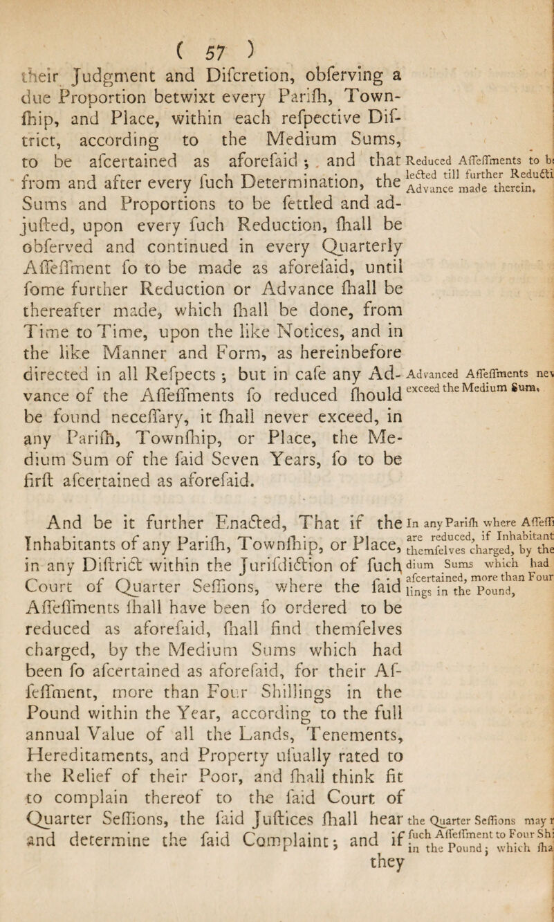 their Judgment and Discretion, obferving a due Proportion betwixt every Parifh, Town- fhip, and Place, within each refpective Dis¬ trict, according to the Medium Sums, to be ascertained as aforeSaid *, , and that Reduced Affieffments to p from and after every iuch Determination, the A^tnce madfthefein^' Sums and Proportions to be Settled and ad- jufted, upon every Such Reduction, fhall be obServed and continued in every Quarterly AfTeilment So to be made as aforeSaid, until Some further Reduction or Advance Shall be thereafter made, which (hall be done, from Time to Time, upon the like Notices, and in the like Manner and Form, as hereinbefore directed in all Refpects •, but in cafe any Ad-Advanced Affeffments ne\ vance of the Afleffments So reduced Shouldexceed the Medlum SuTOt be found neceffary, it (hall never exceed, in any Parifh, Townfnip, or Place, the Me¬ dium Sum of the Said Seven Years, So to be firft ascertained as aforeSaid. And be it further Ena&ed, That if the in any Parifh where am Inhabitants of any Parifh, TowpiVip, or Place, “hLfehef in any Diftrict within the Jurisdiction of fuchdium ,Sum3 which had f r> /-'*-* i i r* * j afcertained, more tli^n 1* our Court or Quarter oeliions, where the laid iings jn the Pound, Affefifments lhall have been fo ordered to be reduced as aforefaid, Snail find themfelves charged, by the Medium Sums which had been So ascertained as aforeSaid, for their Af- feffment, more than Four Shillings in the Pound within the Year, according to the full annual Value of all the Lands, Tenements, Hereditaments, and Property ufually rated to the Relief of their Poor, and fnali think fit to complain thereof to the laid Court of Quarter Seffions, the laid Juftices Shall hear the Quarter Seffions may r and determine the Paid Complaint; and if^hlro^whichflu they