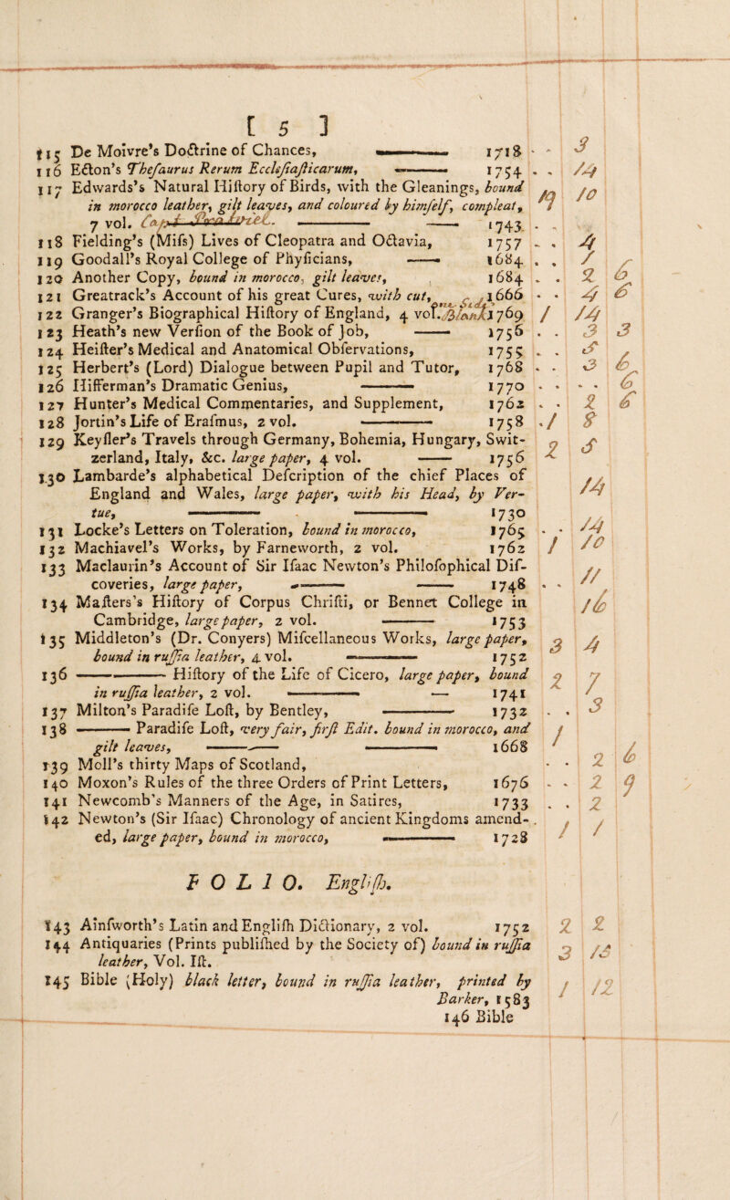 wf i -i-mmm ■ [53 De MoIvre*s Do<5lnne of Chances, 116 E«5lon*s Thefaurus Rerum EccUJtafiicarum^ 11 jr Ed\vards’s Natural Hiftory of Birds, with the Gleanings, bound iy\% »754 in morocco leather^ pili lea^es, and coloured ky himfelfy compleat. J /-JL -,,43 118 Fielding’s (Mifs) Lives of Cleopatra and Odavia, »757 119 GoodalEs Royal College of Fhyficians, 1684. J2Q Another Copy, bound in morocco^ gilt leanjct^ ^ 1684. I2I Greatrack’s Account of his great Cures, nxjith cut^^ ^ ^1666 122 Granger*s Biographical Hiftory of England, 4. vof3//*^>|j769 I 23 Heath^s nevv Verfton of the Book of Job, ——■ 1756 124 Heifter^sMedical and Anatomical Obfervations, »755 125 HerberFs (Lord) Dialogue betvveen Pupii and Tutor, 1768 126 nifferman*s Dramatic Genius, »77^» 127 Hunter’s Medical Commentaries, and Supplement, 1762 128 Jortin^s Life of Erafmus, 2vol. ■ »758 129 Keyfler*s Travels through Germany, Bohemia, Hungary, Swit- zerland, Italy, &c. /arge paper, 4 vol. - »75^ J.30 Lambarde^s alphabetical Defcription of the chief Places of England and Wales, large paper^ njaith his Head, by Ver^ tue, --- ---—— 1730 131 Locke*s Letters on Toleration, bound in morocco^ *7^5 132 MachiavePs Works, by Farnevvorth, 2 vol, 1762 136 »37 138 coveries, large paper, Iafters’s Hiftory of Corpus Ch Cambridge, largepaper, 2 vol. [iddIeton’s (Dr. Conyers) Mifce’ bound in rujjia leathtr, 4. vol. »748 in ruJJia Jeather, 2 vol. Milton’s Paradife Loft, by Bentley, gilt leanjes. 739 MoIPs thirty Maps of Scotland, 140 Moxon^s Rules of the three Orders of Print Letters, 141 Newcomb’s Manners of the Age, in Satires, ed, large paper, bound in morocco, »- —- FOLIO. Engl’fj, t43 Ainfworth^s Latin andEngllfh Didionary, 2 vol. I44 Antiquaries (Prints publiftied by the Society of) leather, Vol. Ift. 146 Bible .... 1'“' . . 3 . ■» 1 4 . . / - . 2 s . . Jp / /4 . . 3 3 . S . . 2 ./ ^ z -z /4 . . /-V / /c .. // 3 4 ' ^ 7 . . 3 ; ^ . . 12 j, \ i - - 1 7 7 / / , ! 2 2 'a /r •  1'/1 ! « >