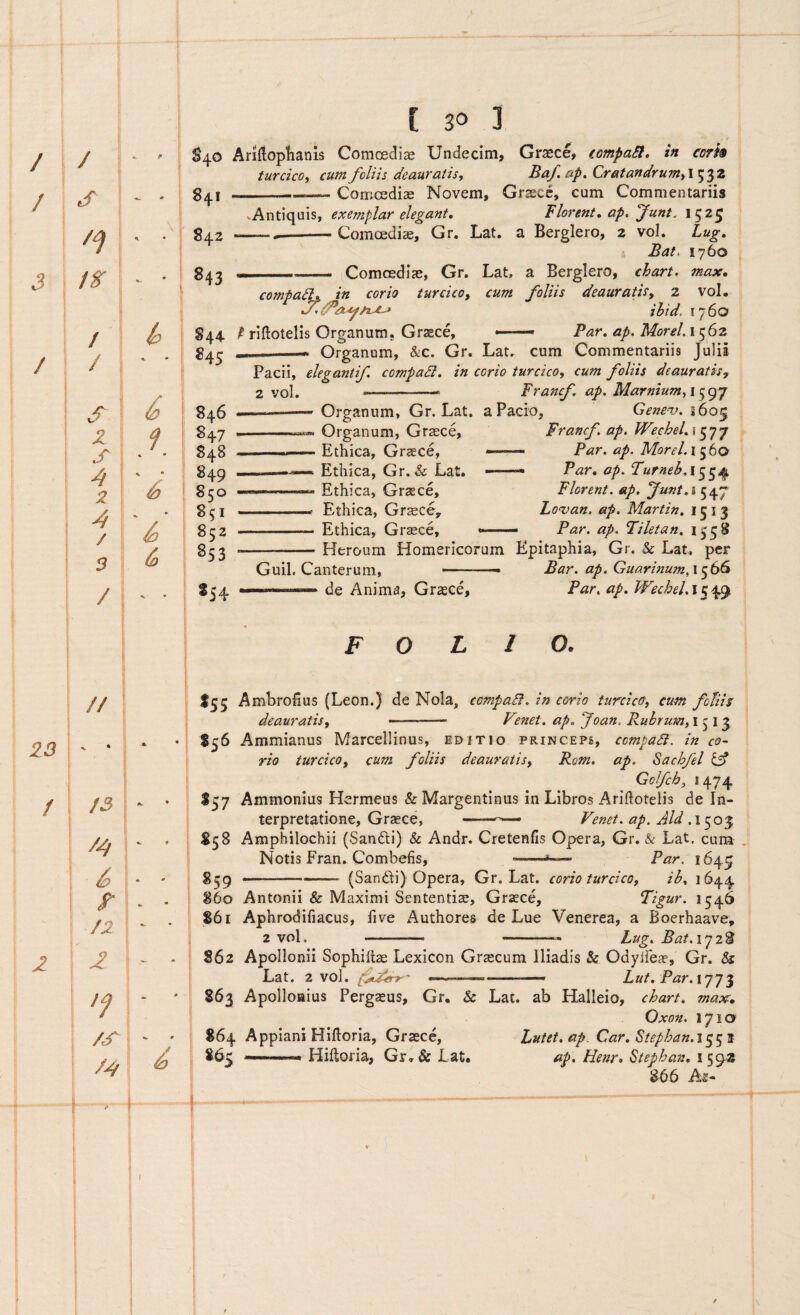 / / ' \ / - ' ^ /f . . \ 3 _ . 1 i / io ' / / s z f s « • A % • 2 A / * •*, 3 & / // 23 ^ • / /3 «. 9 1 j -■ i \ 1 /■ - \ 1 /2 l a ! i 'i 2 1 - ' f 1 /7 i •j' ^ 9 l i ' ^ * i 1 i i ^ [ 30 3 «45 846 ^47 848 849 850 851 852 ^53 S54 turcico^ cum foliis deauratis, Baf. ap, Crata»drum,\ ^^2 --— Comosdise Novem, Graece, cum Commentariis vAntiquis, exemplar elegant. Florent, ap. Junt. 1525 ---Comoediae, Gr. Lat. a Berglero, 2 vol. Lug, i Bat. 1760 _____ Comoediae, Gr. Lat, a Berglero, chart. max, compadl, in corio turcico, cum foliis deauratis, 2 voL ihid. ij6o ' riftotelis Organum, Graece, ■ — Par, ap. Morel. 1562 , Organum, &c. Gr. Lat. cum Commentariis Julii Pacii, elegantif. compadl, in corio turcico, cum foliis deauratis, 2 vol. ..- Francf. ap, Marnium,\^^'j ■ I. Organum, Gr. Lat. aPacio, Gene-v. 1605 Organum, Graece, Ethica, Graece, Ethica, Gr. & Lat. Ethica, Graece, Ethica, Graece, Ethica, Graece, Francf. ap. WecheL * 5 7 7 Par. ap. Morel. I 5 60 Par, ap. Turneh.x^c^j^ Florent, ap, Junt,\ 547 Lo<van, ap. Martin, 1513 Par. ap. Tiletan, 13*58 -Heroum Homericorum Epitaphia, Gr. & Lat. per Guil, Canterum, -- ' Bar. ap. Guarinum,\^6S —de Anima, Graece, Par, ap, IVechel.l^^ F O O. S55 AmbroSus (Leon.) de Nola, cempaB. in corio tunico, cum fotiis deauratis, .. Venet. ap, ‘Joan. Rubrum, I 5 13 $56 Ammianus Marcellinus, editio princeps, compaB. in co¬ rio turcico, cum foliis deauratis, Rom. ap. Sachfel Golfeh, 1474 557 Ammonius Hermeus &Margentinus in Libros Ariftotelis de In¬ terpretatione, Graece, ———. Venet. ap. Aid 558 Amphilochii (Sanfti) & Andr. Cretenfis Opera, Gr, & Lat. cum Notis Fran, Combefis, -1645 859 —' —•- (Sandi) Opera, Gr. Lat. corio turcico, ih, 1644 860 Antonii & Maximi Sententiae, Graece, Tigur. 1546 861 Aphrodifiacus, five Authores de Lue Venerea, a Boerhaave, 2 vol. .. ' -- Lug. Bat. 1728 862 Apollonii Sophiftae Lexicon Grscum Iliadis & Odylfece, Gr. & Lat. 2 vol. -—r Lut. Par.ijj'^ 863 Apollonius Pergaeus, Gr. & Lat. ab Halleio, chart, max, Oxon. 1710 864 Appiani Hifloria, Graece, Lutet, ap. Car. Stephan.i^^i 865 -» . . Hiftoria, Grr& Lat. ap, Henr, Stephan. 1592 866 Ae-