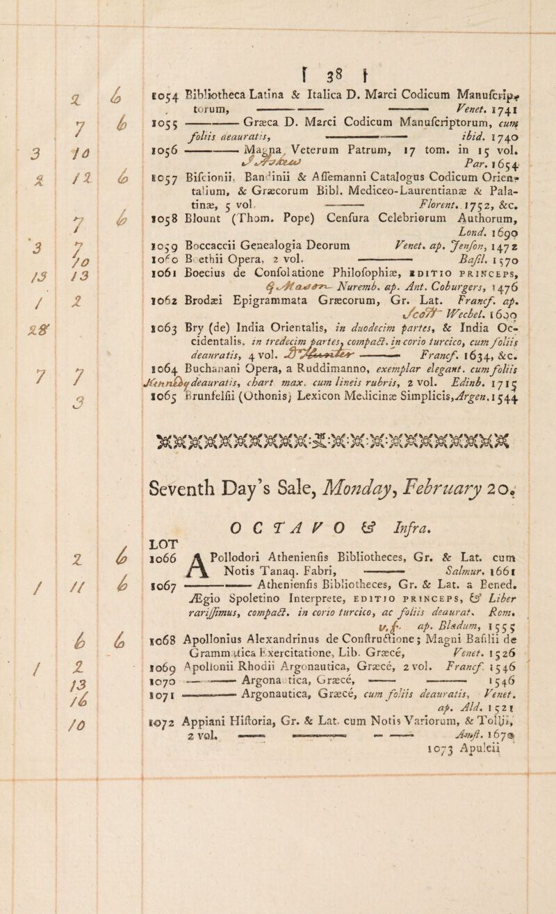 z \ 7 3 io ' /z 7o i 3 /3 ^/0 13 r / z 1 : 7 7 1 <2 ! ] j ! i ( 1 z ^ 1 { \ / // b i b • b / 2- 13 /b 1 f /0 1 - < k r 38 1054 Blblk)tlieca Latina & Italica D. Marci Codicum Manulcrip^ torum, .. ' ■” Venet, 1741 1055 --Graeca D. Marci Codicum Manufcriptorum, cum foliis aeauratis, . , , ,»—— ibid, 1740 1056 -Ma^a, Veterum Patrum, 17 tom. in 15 vol. tfPar, 1654 K057 Bifcionii, Ban(bnii & Aflemanni Catalogus Codicum Orien? talium, & Graecorum Bibi, Mediceo-Laurentians & Pala¬ tinae, 5 vol --- Florent,, ly^2, Scc, 1058 Blount (Thom, Pope) Cenfura Celebriorum Authorum, Lond, 1690 1059 Boccaccii Genealogia Deorum Venet, ap, fen/on.^ 10*^0 Boethii Opera, 2 voL -— Bafil. 1^70 1061 Boecius de Confolatione Philofophise, editio princeps, ^Nuremb. ap. Ant. Coburgers, 1476 1062 Brodaei Epigrammata Gr^corum, Gr. Lat. Francf, ap, k/co^ Wecbel. f6oo 1063 Bry (de) India Orientalis, in duodecim partes^ & India Oc¬ cidentalis. in tredecim i>artes, co?npadi. in corio turcico^ cum foliis I, deauratisy 4 vol, Francf. 1634, &c. 1064 Buchanani Opera, a Ruddimanno, exemplar elegant, cum foliis deauratis, chart max. cum lineis rubris, 2 vol. Edinb, l yi^ 1065 Brunfelfii (Othonis) Lexicon Medicinae Simplici§,.^r^^«,i344 f ! SeVenth Day’s Sale, Monday, February 20,' O C r A V 0 & Infra. LOT 1066 A Pollodori Athenienlis Bibliotheces, Gr. & Lat. cum iAL Notis Tanaq. Fabri, ..■■■—'— Salmur, 1661 1067 ' — - Athenienfis Bibliotheces, Gr. & Lat. a Eened. ./Egio Spoletino Interprete, editio princeps, Cff Liber rarijjimus, compadi, in cono turcico, ac foliis deaurat. Rom, ap. Bladian, I555 1068 Apollonius Alexandrinus de Conftrudlione; Magni Bafilii de Grammatica Exercitatione, Lib. Grjece, Venet. 1526 1069 Apollonii Rhodii Argonautica, Graece, 2 vol. Francf 1^6 1070 --Argona tica, Grasce, —— —— «546 1071 .. '• — Argonautica, Graece, cum foliis deauratis, Venet, ap, Aid, 1521 1072 Appiani Hifloria, Gr. & Lat. cum Notis Variorum, & Tol]ji, 1073 Apuleii