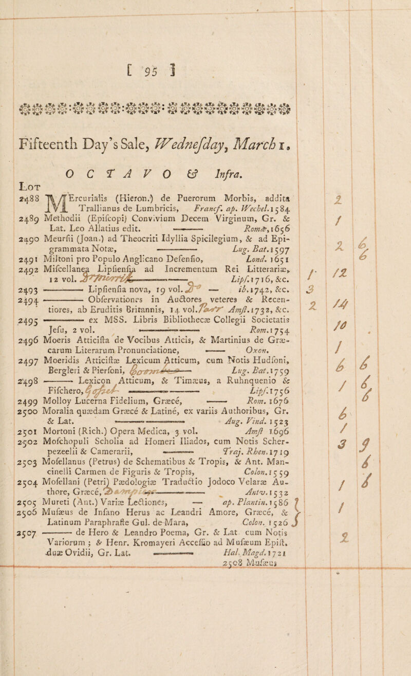 Fifteenth Day’s Sale, Wednefday^ March I. OCTAVO & Infra. Lot _ ^ 2^4,88 l^yfErcurialis (Hieroti.) de Puerorum Morbis, addita jl vX Trallianus de Lumbricis, Francf, ap, Wechel.\t^%s^ 2489 Methodii (Epifcopi) Convivium Decem Virginum, Gr. & Lat. Leo Allatius edit. 2490 Meurhi (Joan.) ad Theocriti Idyllia Spicilegium, & ad Epi¬ grammata Not^, - Lug. 2491 Miltoni pro Populo Anglicano Defenfio, Lond» 1651 2492 Mifcellan^ Lipfienl^ ad Incrementum Rei Litterarias,. 12 voL . , ^ Lipf,\']\6,hz, 2493 -.— Liplienfia nova, i9voL^^ — /i5.i742>&c* 2494 —- Obfervationes in Audores veteres & Rccen- tiores, ab Eruditis Britannis, 14. vol. &c. 249- _—— ex MSS. Libris Bibliothecae Collegii Societatis Jefu, 2 vol. Rom.ij^^ i 2496 Moeris Atticifta de Vocibus Atticis, & Martinius de Grai« 1 carum Literarum Pronunciatione, — Oxon, 2497 Moeridis Atticiftae Lexicum ^tticum, cum Notis Hudfoni, Bergleii & Pierfoni, — Lug. 2498 --- Lexicon Atticum, & Timteus, a Ruhnquenio Sc Fifchero, -- LipfAy^S 2499 Molloy Lucerna Fidelium, Graece, —— Rofn. 1676 2500 Moralia quaedam Graece & Latine, ex variis Authoribus, Gr, & Lat. ...-rr. Aug. Vind.A fy2% 2501 Mortoni (Rich.) Opera Medica, 3 vol. Amji 1,696 2502 MoichopuH Scholia ad Homeri illados, cum Notis Scher- pezeelii & Camerarii, Traj, RhenAj 2503 Mofellanus (Petrus) de Schematibus & Tropis, & Ant. Man- cinelii Carmen de Figaris & Tropis, Co/ofiA ^ 2504 Mofeilani (Petr^Paedologiai Tradu^Ho Jodoco Velarae Au~ thore, ^ Ani^jA^^z 2505 Mureti (Ant.) Variae Lediones, ap. Pla?itinA ^S6 f 2506 Mufaeus de Infano Herus ac Leandri Amore, Graece, & V Latinum Paraphrafte Gul. deTidara, Colon. 1526 j 2507 -— de Hero & Leandro Poema, Gr. & Lat cum Notis Variorum ; ^ Henr. Kromayeri Acceluo ad Mufaeum Epiih jdu2 Ovidii, Gr. Lau HaL Magd. 17 2 .i _ _____ .:2jp3 MuAeuj