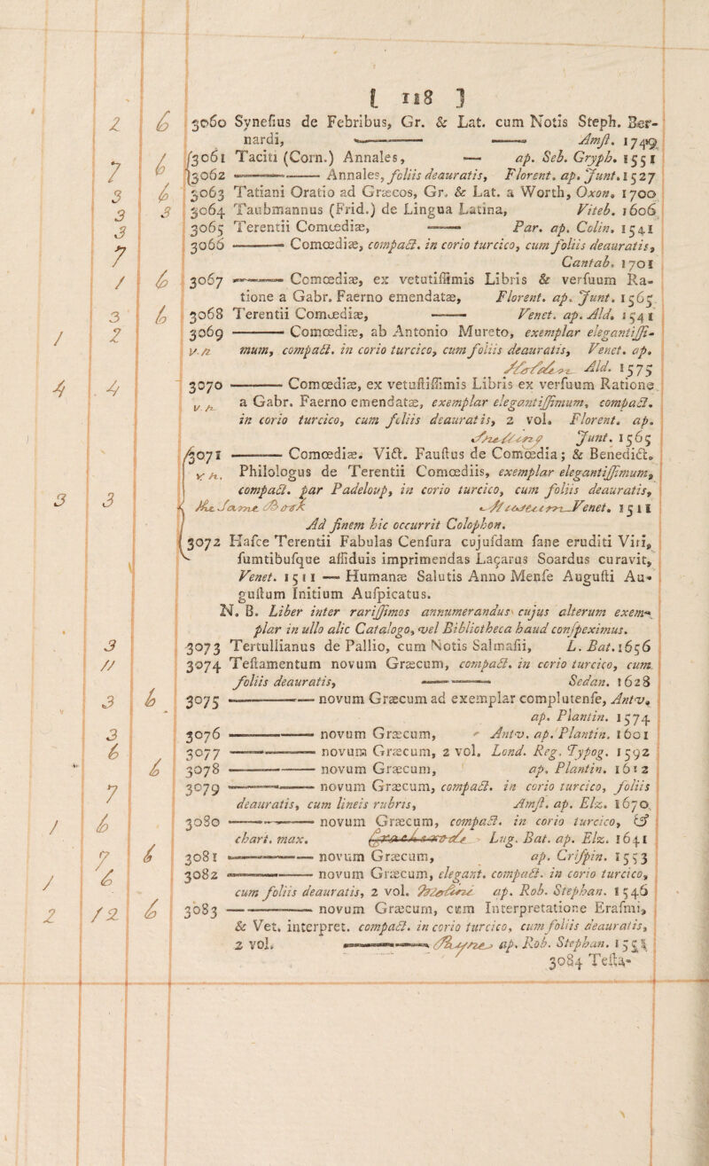 t / Z io 7 3 2 3 7 / 3 2 ^ ^ 3 3 3 // 3 3 7 / ^ / s 7> 7 / i: l 3 3060 Synefius de Febribus, Gr. & Lat. cum Notis Stepb. B^r- nardi, w~—-—— 174*9^ I3061 Taciti (Corn.) Annales, — a/>. Seh. Gryph, ^062 -Anmles, fcliis deauratiSj Florent, ap.Junt,1^2 j 3063 Tatiani Oratio ad Graecos, Gr, & Lat. a Worth, Oxon^ 1700 3064 Taubmannus (Frid.) de Lingua Latina, Viteb, j6o6.^ 3065 Terentii Comoediae, ——. Par, ap, Colin, 154.1 3066 .—Comcedise, compaSl, in corio turcico, cum foliis deauratis, Ca7ttab, 1701 3067 Ccmcedias, ex vetutiffimis Libris & verfuum Ra¬ tione a Gabr. Faerno emendatae. Florent, ap, Junt, 1565, ‘ 3068 Terentii Comoediae, ——■ Venet, ap,Ald, 1543 3069 —— Comcediae, ab Antonio Mureto, exemplar elegantijjt^ V n 3070 V mum. compadi. in corio turcico, cum foliis deauratis, Venet, ap, F3d. 1575 -Comoedis, ex vetaftilFmis Libris ex verfuum Ratione, a Gabr. Faerno emendats, exemplar elegantiffimum, compadi, in corio turcico, cum filiis deauratis, 2 vol» Florent, ap, funt. 1565 Comoedis. Vi£l. Fauftus de Comcsdia; & Benedidtc Philologus de Terentii Comoediis, exemplar elegantijfmum. /§072 * yH. compadt, par Padeloup, in corio turcico, cum foliis deauratis, ^ Jtxrfvt, rnrk ^ enet, ! 5 11 Ad finem hic occurrit Colophon, 3072 Kafce Terentii Fabulas Cenfura cujufdam fane eruditi Virij, fumtibufque alliduis imprimendas La^aras Soardus curavit, Venet. 1511— Humans Salutis Anno Menfe Augufti Au» guilum Initium Aufpicatus. N. B. Liber inter rarijfimos annumerandus^ cujus alterum exe^n-^,, plar in ullo alie Catalogo, ‘vel Bibliotheca haud conjpeximus, 3073 Tertullianus de Pallio, cum Notis Salmafii, L.Bat.i6c,S 3074 Teflamentum novum Grscum, compadt, in corio turcico, cum. foliis deauratis, Sedan. 1628 3°75 3076 3077 3^578 3^79 30SG 308! ^ 3082 - novum Grscum ad exemplar complutenfe, Ant<v, ap. Planiin. 1574 — novum Grscum, ' AiiUv. ap. Plantin. 1601 novum Grscum, 2 vol, Lond. Reg. ^Typog. 1592 -— novum Grscum, ap, Plantin. 161 2 novum Grscum, compadt, in corio turcico, foliis deauratis, cum lineis rubris, Arnji. ap. El%, 1670, ——— novum Grscum, compadt. in corio turcico, Cf chart. max. - Lug. Bat. ap. Elz. !64£ — novum Grscum, ap. Crijpin. I553 novum Grscum, elegant, compadt. in cono turcico. d 3°S3 cum foliis deauratis, 2 vol. ap. Rob. Stephan. -—novum Grscum, CEin Interpretatione Erafmi, & Vet, iiiterpret. compadt, in corio turcico, cum foliis deauratis, z VOL ap. Rob. Stephan. I 5£| 30S4