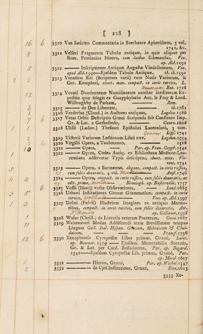 / / A 3 / , S' A l /Z • f 7 / X z /0 A 3 / ' // . / 2 4 S310 '33«« 3352 33‘3 33'4 6? 6 3315 33^6 33*7 3318 33*9 3320 332» 3322 3323 3324 \Aq, 3325 332^ C 128 ] Van Swieten Commentaria in Boerhaave Aphorlfmos, 3'vpl,' j 1742,^0.^. Velferi Fragmenta Tabula antiquas, in quis aliquot per Rom. Provincias Itinera, cum duobus Schematibus, Ven,^ ap. .. , Infcriptiones Antiquae Auguftae Vindelicorum, Fen. apud Jld,\^()0—Ejufdem Tabulae Antiquae, ib^ib^ii^^i Venaticae Rei (Scriptores varii) cum Notis Variorum, & Ger. Kempheri, chart* tnax» compaEt. in corio turcico, t,* Bat, 1728 Venuti Duodenorum Numirmatum antehac ineditorum Ex* politio quae felegit ex Gazyphylacio Ant, le Froy & Lord, Willoughby de Parham, ■ ■ —— Rom. - . de Deo Libertate, .. ib.ij6z Verderius (Claud.) in Audlores antiquos, Lugdun.\^%6 Vetus Orbis Defcriptio Graeci Scriptoris fub Conflanto Imp. , Gr, & Lat. a Gothofredo, Gcne^j,162S Uhlii (Ludov.) Thefauri Epiftolici Lacroziani, 3 tom. Bipyi 174.2 Viflorii Variarum Le£lionum Libri xxv, Lugdun,j^^/^^ Virgilii Opera, a Taubmanno,, ■' ■ 1518 Opera, — Bar, ap^ Fran, Gryph.\^\z ' —Opera, Codex Antiq. ex Bibliotheca Mediceo-Lau- rentiana adfervatur Typis defcriptus, chart, max* Flo¬ rent, 1741 ’ ■ - Opera, a Burmanno, elegant, compaEl, in corio rnjjico, cum foliis deauratis, 4 vol. ■— —-.. Opera, compati, in corio ruffco, cum foliis deam atis, ac edit, prima, Birmingh, api. Bajkerasille, 1757 Vollii (Ifaaci) variae Obfervationes, - Lond.itZ^ Urbani Inftitutiones Grscse Grammaticae, compaEi, in corid turcico, - —■—Fen, ap, Ald.i^gj 3327 3328 3329 Urfini (Fulvii) Illuflrium Imagines ex antiquis Marmo¬ ribus, compaEi. in corio turcico, cum foliis deauratis, Ant, ap, Gallaum, 1598 Wafus (Chrifl.) de Licentia veterum Poetarum, Oxon.ihZp Weitenaveri Modus Addifcendi intra Breviflimum tempus Linguas Gall, Ital, Hifpan. GE^tecam, Hebraicam lA Chal^ daicam, - —— _ Francf. 1756 /2^ ^ 333® Xenophontis Cyropedi^e Liber primus, Graece, Lutet, ap, Benenat, 1579 -- Ejufdem Memorabilia Socratis, Gr. & Lat. per Card. Beflarioiiem, Par, ap, Bogard, 1342-■Ejufdem Cyropedi^e Lib. primus, Grjece, Par, ap, MoreL i6cj 333* 3332 Hieron, Grsce, Par, ap. F^^echel.i de Cyri Inftitutione, Graece, Eton,v6i^