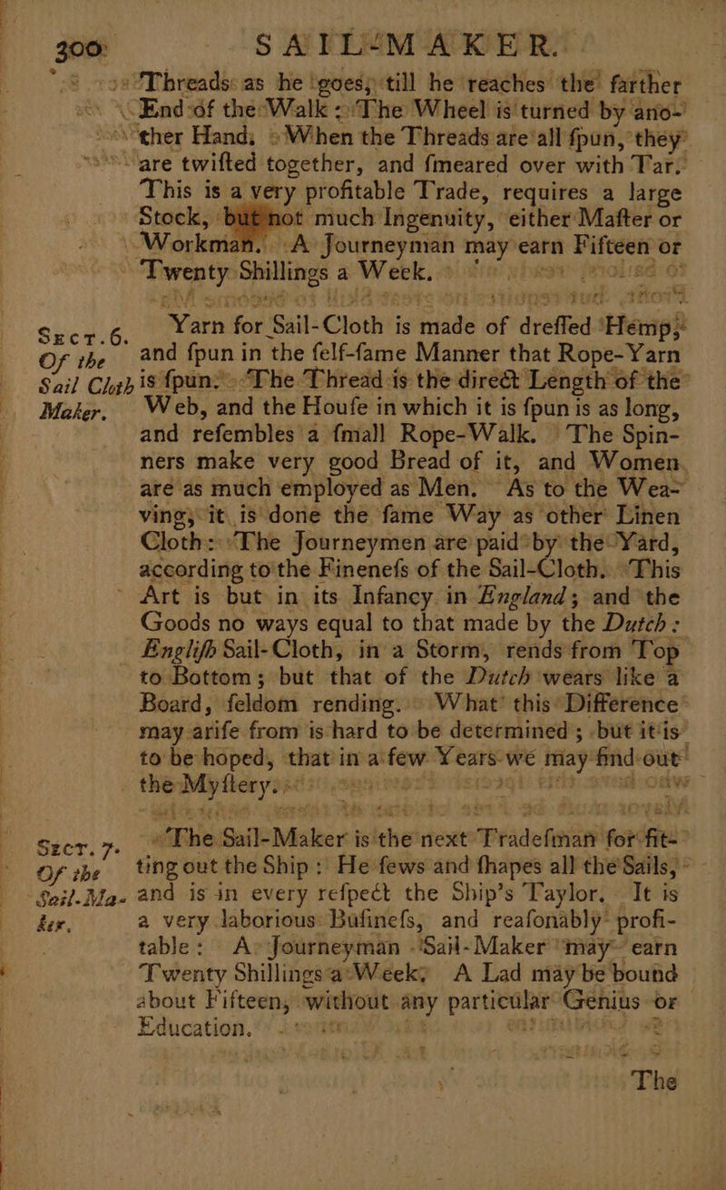 OF the SATLUM AKER. are twifted together, and {meared over with Tar, This is a very profitable Trade, requires a large Stock, « t much Ingenuity, either Mafter or ‘Workman, “A Journeyman may earn Fifteen or 4 87 ‘Yarn for Sail-Cloth is made of dreffed sHeniph and fpun in the felf-fame Manner that Rope-Yarn Maser. eb, and the Houfe in which it is fpun is as long, and refembles a f{ma]] Rope-Walk. The Spin- ners make very good Bread of it, and Women. are as much employed as Men. As to the Wea~ ving; it is'done the fame Way as other Linen» Cloth: ‘The Journeymen are paid* by the Yard, according to'the Finenefs of the Sail-Cloth.. ‘This Goods no ways equal to that made by the Dutch &gt; Englif Sail-Cloth, in a Storm, rends from ‘Top Szcr. 7- Of tbe Board, feldom rending.. What’ this Difference’ may arife from is hard to be determined ; but it's to be hoped, that in afew Years-we may find out: Th ¢ Sail-Maker is'the’next Prad efmatt for‘ fit=” ting out the Ship: He fews and fhapes all the'Sails, - ber, a very laborious Bufinefs, and reafonably~ profi- table: A» Journeyman -‘Sai-Maker “may~ earn Twenty Shillingsa‘Weeky A Lad maybe bound about Fifteen, without any particular Genius or Education,’ . + be CBI TUTACES WR The cores