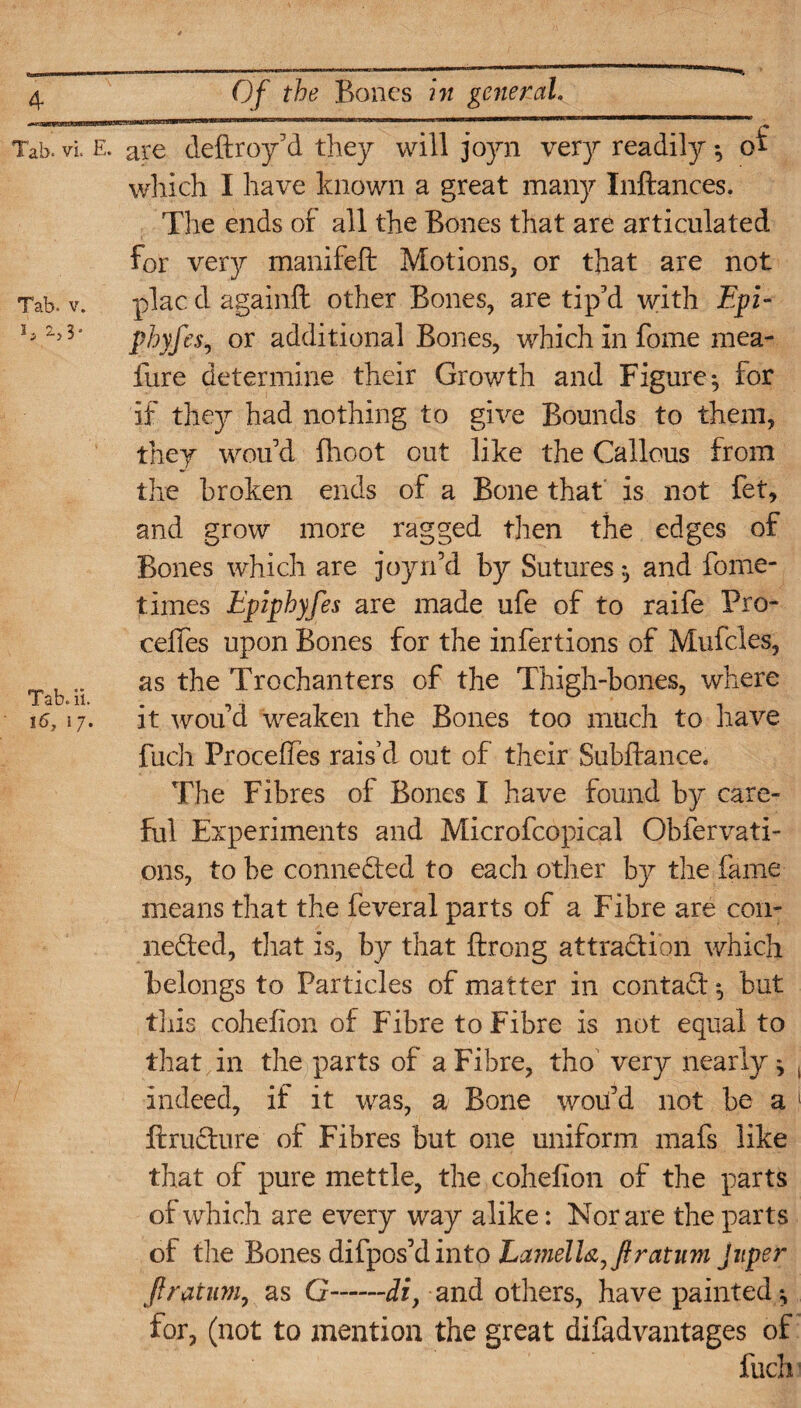 Tab. vi. E. are deftroy'd they will joyn very readily ^ of which I have known a great many Inftances. The ends of all the Bones that are articulated for very manifeft Motions, or that are not Tab. v. plac d againft other Bones, are tip’d with Fp- jphyfes? or additional Bones, which in fome mea- fure determine their Growth and Figure ^ for if they had nothing to give Bounds to them, they wou’d {hoot out like the Callous from the broken ends of a Bone that is not fet, and grow more ragged then the edges of Bones which are joyrfd by Sutures * and fome- times Epiphyfes are made ufe of to raife Pro- cedes upon Bones for the infertions of Mufcles, .. as the Trochanters of the Thigh-bones, where is, 17. it woifd weaken the Bones too much to have fuch Procefles rais’d out of their Subftance, The Fibres of Bones I have found by care¬ ful Experiments and Microfcopical Obfervati- ons, to be connected to each other by the fame means that the feveral parts of a Fibre are con- nested, tliat is, by that ftrong attraction which belongs to Particles of matter in contact * but this cohefion of Fibre to Fibre is not equal to that in the parts of a Fibre, tho very nearly ^ , indeed, if it was, a Bone wou’d not be a 1 ftrudture of Fibres but one uniform mafs like that of pure mettle, the cohefion of the parts of which are every way alike: Nor are the parts of the Bones difpos’d into Lamell&jftratum Juper ft return, as G-di, and others, have painted,* for, (not to mention the great di {advantages of fudi