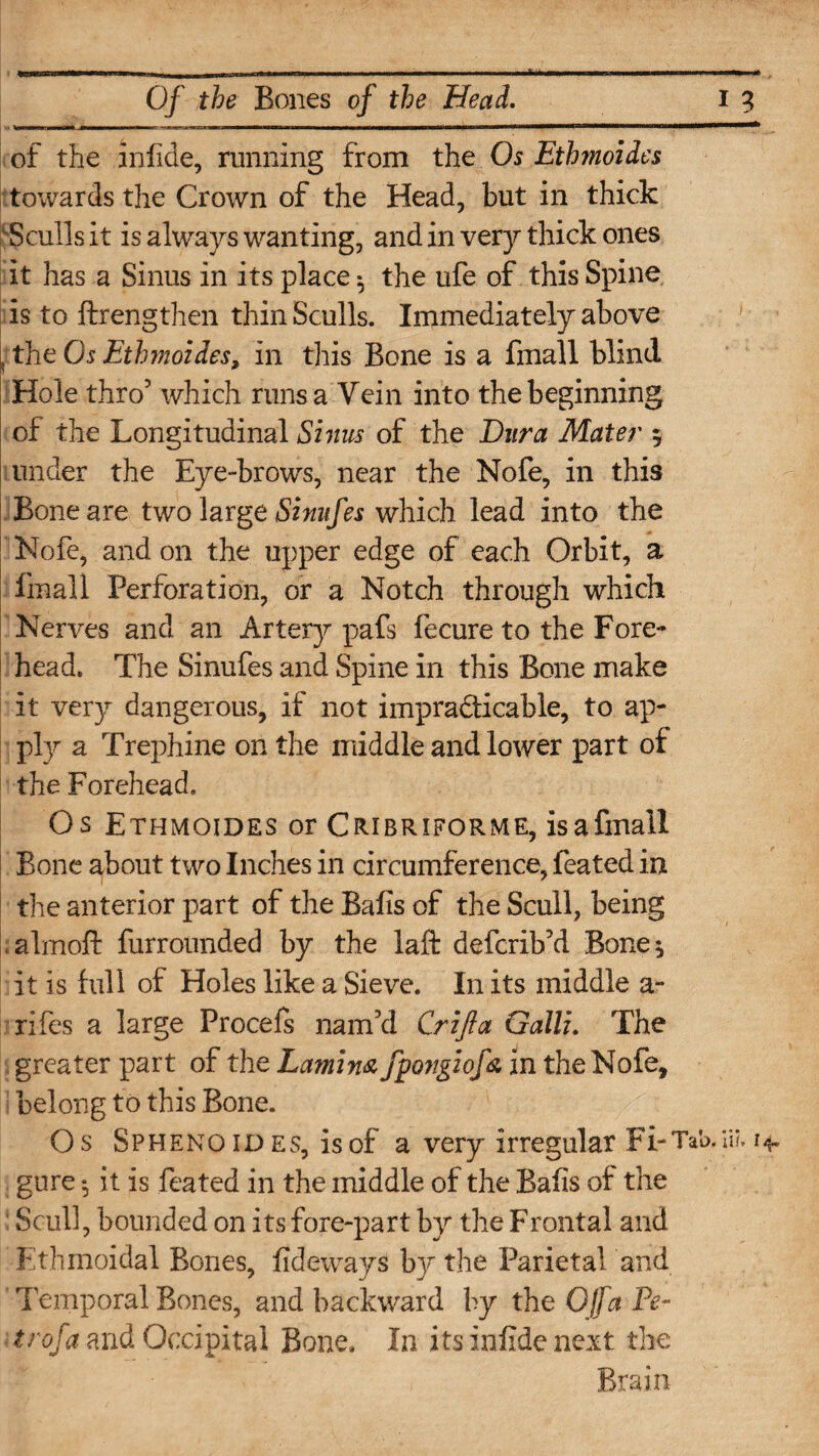 of the iniide, running from the Os Ethmoides towards the Crown of the Head, but in thick Sculls it is always wanting, and in very thick ones it has a Sinus in its place ^ the ufe of this Spine is to ftrengthen thin Sculls. Immediately above , the Os Ethmoides, in this Bone is a fmall blind Hole thro5 which runs a Vein into the beginning of the Longitudinal Sinus of the Dura Mater 5 under the Eye-brows, near the Nofe, in this Bone are two large Simifes which lead into the Nofe, and on the upper edge of each Orbit, a final 1 Perforation, or a Notch through which Nerves and an Alterj pafs fecure to the Fore¬ head. The Sinufes and Spine in this Bone make it very dangerous, if not impracticable, to ap¬ ply a Trephine on the middle and lower part of the Forehead. Os Ethmoides or Cribriforme, isafmall Bone about two Inches in circumference, feated in the anterior part of the Balls of the Scull, being alrnoft furrounded by the laft defcrib'd Bone* it is full of Holes like a Sieve. In its middle a- rifes a large Procefs nam'd Crifta Galli. The greater part of the Lamina fpongiofa in the Nofe, belong to this Bone. Os Sphenoides, isof a very irregular FI-TVo,in. 14. gure «, it is feated in the middle of the Balis of the Scull, bounded on its fore-part by the Frontal and Ethmoidal Bones, tideways by the Parietal and Temporal Bones, and backward by the Ojfa Pe- trofa and Occipital Bone, In its infide next the Brain
