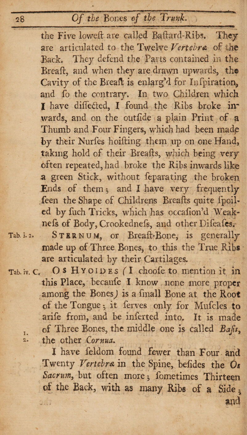 the Five lowed: are called Baftard-Ribs. They are articulated to the Twelve Vertebra of the Back. They defend the Parts contained in the Breaft, and when they are drawn upwards, the Cavity of the Breaft is enlarg’d for Infpiration, and fo the contrary. In two Children which I have differed, I found the Ribs broke in wards, and on the outfide a plain Print of a Thumb and Four Fingers, which had been made by their Nurfes hoifting them up on one Hand, taking hold of their Breafts, which being very often repeated, had broke the Ribs inwards like a green Stick, without feparating the broken Ends of them * and I have very frequently feen the Shape of Childrens Breafts quite fpoik ed by fuch Tricks, which has occafion’d Weak- nels of Body, Crookednefs, and other Bifeafes. Tab. i.2. Sternum, or Breafl>Bone, is generally made up of Three Bones, to this the True Ribs are articulated by their Cartilages. Tab. iv. c Os Hyoiues (I choofe to mention it in this Place, beeaufe I know none more proper among the BonesJ is a final! Bone at the Root of the Tongue •, it ferves only for Mufcles to arife from, and be inferred into. It is made _ of Three Bones, the middle one is called Bafts, the other Cornua. I have feldom found fewer than Four and Twenty Vertebra in the Spine, befides the Os Sacrum, but often more * fometimes Thirteen of the Back, with as many Ribs of a Side l