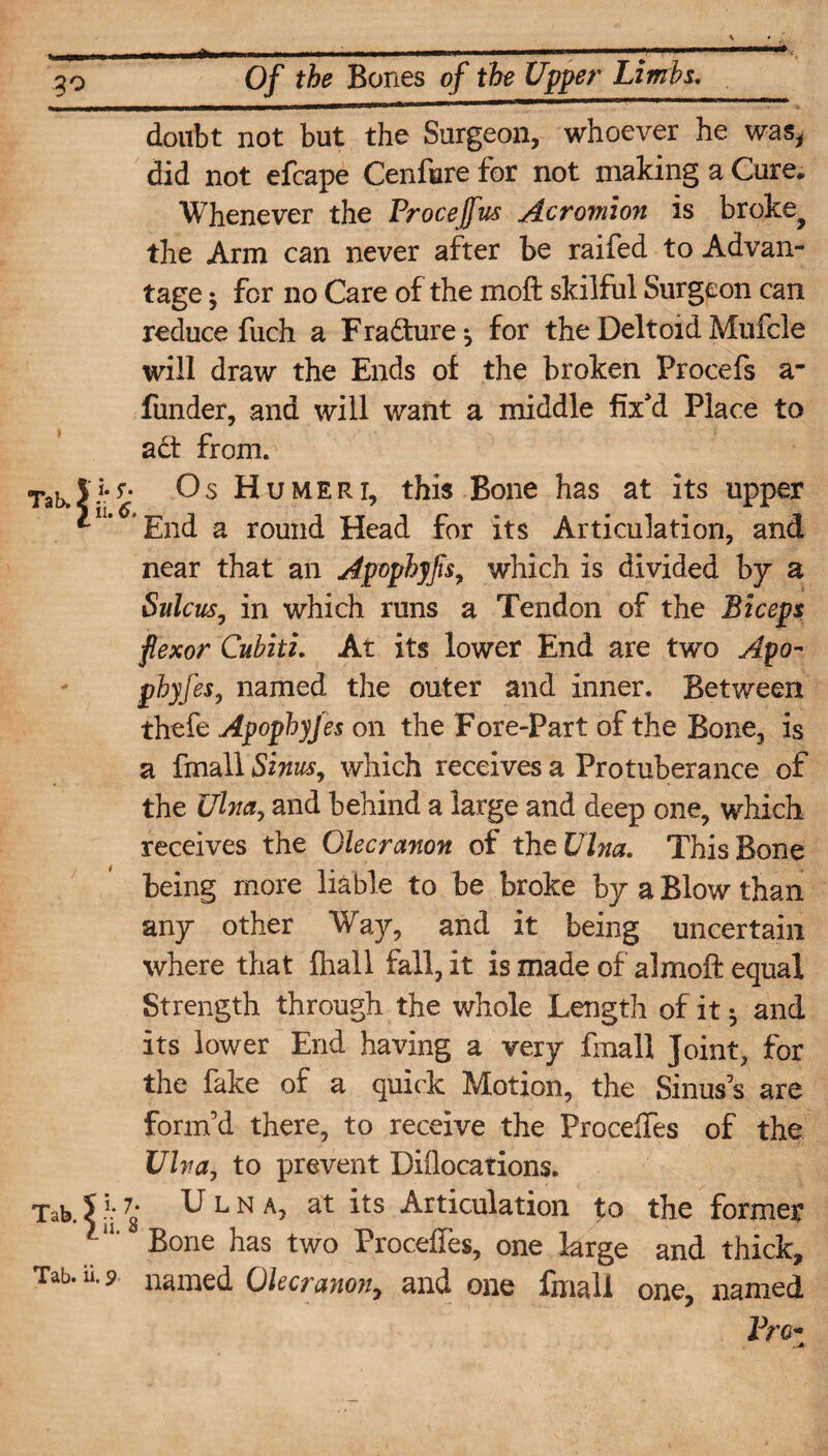 doubt not but the Surgeon, whoever he was* did not efcape Cenfiare for not making a Cure. Whenever the Procejfus Acromion is broke? the Arm can never after be raifed to Advan¬ tage ^ for no Care of the moft skilful Surgeon can reduce fuch a Fradture^ for the Deltoid Muicle will draw the Ends of the broken Procefs a- funder, and will want a middle fix'd Place to adt from. Tab.li*5’* Humeri, this Bone has at its upper *'iU 'End a round Head for its Articulation, and near that an Apophyfls, which is divided by a Sulcus, in which runs a Tendon of the Biceps flexor Cubiti. At its lower End are two Apo- phyfes, named, the outer and inner. Between thefe Apophyfes on the Fore-Part of the Bone, is a fmall Sinus, which receives a Protuberance of the Ulna, and behind a large and deep one, which receives the Olecranon of the Ulna. This Bone being more liable to be broke by a Blow than any other Way, and it being uncertain where that fliall fall, it is made of almoft equal Strength through the whole Length of it ^ and its lower End having a very linall joint, for the fake of a quick Motion, the Sinus’s are form’d there, to receive the ProcelTes of the Ulna, to prevent Diflocations. Tab. J ?: 7* u L N at its Articulation %o the former Bone has two ProcelTes, one large and thick. Tab. 11.9 named Olecranon, and one fmall one, named Pro-