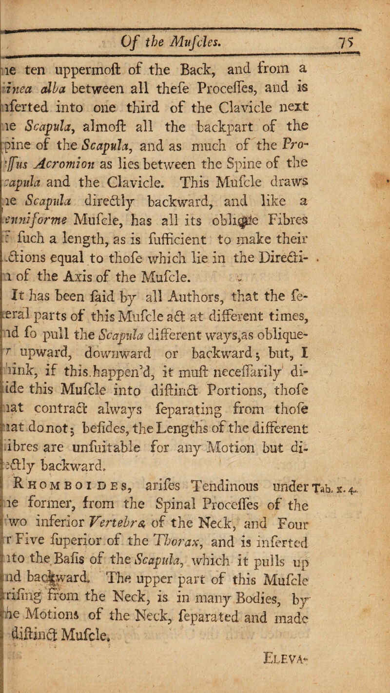 ie ten uppermoft of the Back, and from a hie a dba between all thefe Precedes, and is iferted into one third of the Clavicle next le Scapula, almoft all the ha depart of the pine of the Scapula, and as much of the Pro- fits Acromion as lies between the Spine of the capnla and the Clavicle. This Mufcle draws ie Scapula diredly backward, and like a enniforme Mufcle, has all its oblige Fibres c fuch a length, as is fufficient to make their •dions equal to thofe which lie in the Diredi- i of the Axis of the Mufcle. - j It has been laid by all Authors, that the fe~ era! parts of this Mufcle ad at different times, id fo pull the Scapula different ways,as oblique- lT upward, downward or backward $ but, I I link, if this.happen’d, it muff neceffarily dl- i ids this Mufcle into diftirid Portions, thofe 1 i&t contrad alwaj^s feparating from thole lat donot-, belides, the Lengths of the different | ibres are unfuitable for any Motion but di- i idly backward. ■ Rhomboides, arifes Tendinous under Tab, fie former, from the Spinal Proceffes of the I wo inferior Vertebra of the Neck, and Four r Five fuperior of the Thorax, and is inferred ito the Balis of the Scapula, which it pulls up md backward. The upper part of this Mufcle ! riling from the Neck, is in many Bodies, by pe Motions of the Neck, feparaled and made I diftind Mufcle, Elf.va-