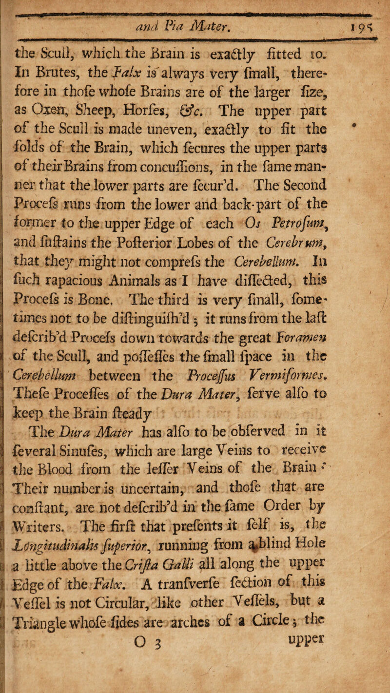 , mu I !■!' ^Fim.imiMH—11 .... the Scull, which the Brain is exactly fitted to. , In Brutes, the falx is always very {mail, there* ! fore in thofe whofe Brains are of the larger fize, ! as Oxen, Sheep, Horfes, &c. The upper part of the Scull is made uneven, exactly to fit the folds of the Brain, which fecures the upper parts of their Brains from concuflions, in the fame man¬ ner that the lower parts are fecur’d. The Second Procefs runs from the lower and back-part of the former to the upper Edge of each Os Petrofum\ and fuftains the Pofterior Lobes of the Cerebrum, that they might not comprefs the Cerebellum. In \ fiich rapacious Animals as I have difle&ed, this Procefs is Bone. The third is very fmall, fome* i times not to be diftinguifif d $ it runs from the laft defcrib’d Procefs down towards the great foramen of the Scull, and pofTeffes the fmall fpace in the Cerebellum between the Procejfus Vermiformes* Thefe Procefies of the Dura Mater, ferve alfo to keep the Brain fteady The Dura Mater has alfo to be obferved in it 1 feveral Sinufes, which are large Veins to receive | the Blood from the leiler Veins of the Brain * 1 Their number is uncertain, and thofe that are I confiatit, are not defcrib’d in the fame Order by l Writers. The firft that prefects it felf is, the t Lcngkudinahs fuferior^ running from %blind Hole g a little above the Crifia Galli all along the upper I Edge of the Falx. A tranfverfe fedtion of this I Yeflel is not Circular, like other Veflels, but a l Triangle whofe fides are arches of a Circle * the O 3 uPFer