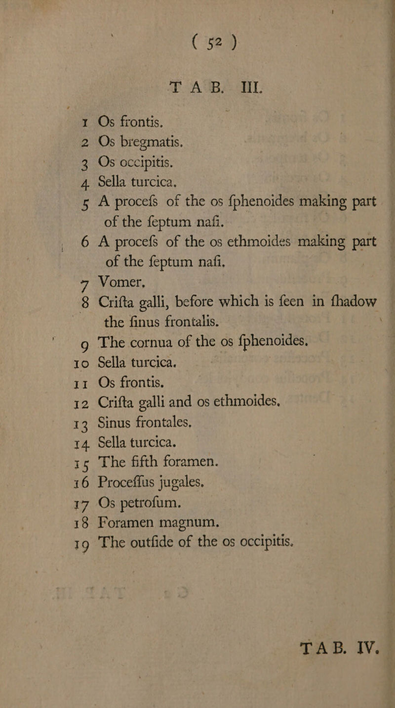 tr Bh WwW bh ww 9 10 II 12 13 14 oe) i6 17 18 19 ( 52 ) T. AVBe. TL Os frontis. Os bregmatis. Os occipitis. Sella turcica. A procefs of the os {phenoides making part of the feptum nafi. A procefs of the os ethmoides making part — of the feptum nafi, Vomer, Crifta galli, before which is feen in fhadow the finus frontalis. 9 The cornua of the os fphenoides, Sella turcica. Os frontis. Crifta galli and os ethmoides, Sinus frontales, Sella turcica. The fifth foramen. Proceffus jugales. Os petrofum. Foramen magnum. The outfide of the os occipitis. TAB. IV.