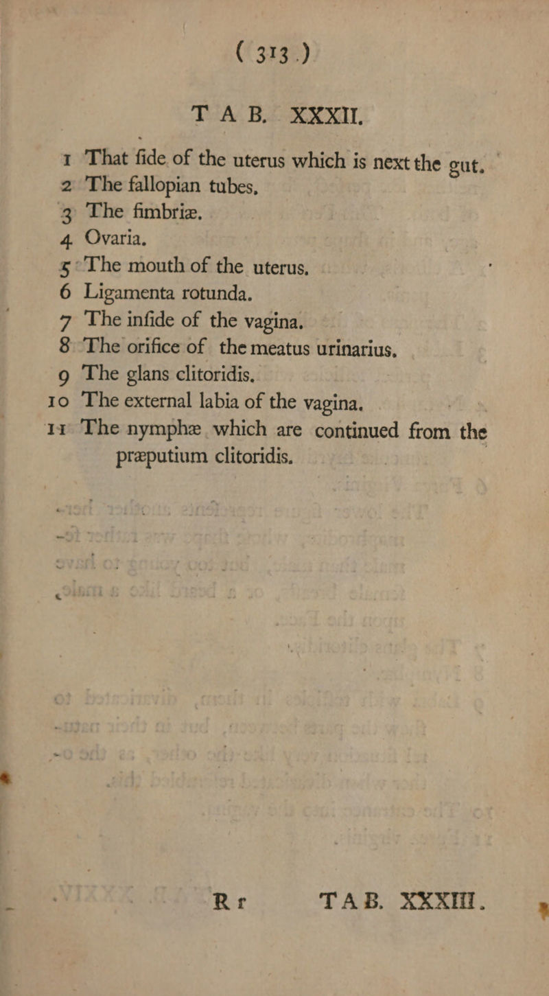 ( 313.) T AB. XXXII. I 2 The fallopian tubes, 3 The fimbriz. 4. Ovaria. 5° The mouth of the uterus, 6 Ligamenta rotunda. 7 The infide of the vagina. 8 The orifice of the meatus urinarius, 9g The glans clitoridis, 10 The external labia of the vagina. iz The nymphe which are continued se the preputium clitoridis, :