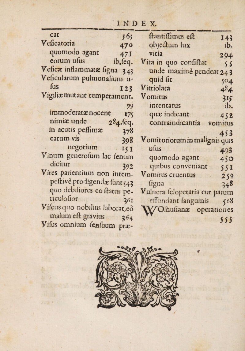 E X. cac Veficatoria 4yQ quomodo agant 471 eorum ufus ib/eq* Veficae inflammata figna 343 Veficularum pulmonalium u* fus I2J Vigiliae mutant temperamenc. 99 immoderatae nocent 175 nimiae unde 284/eq. in acutis peflimae 378 earum vis negotium 15 j Vinum generofum lac fenum dicitur 392 Vires patientium non intem- peflive prodigenda funtS43 quo debiliores eo flatus pe. riculofior 3^r Vifcusquo nobilius laborat,eo malum eft gravius 364 Vi fus omnium fenfuum pra:- ftanaflimus eft 143 objedlum iux ib. vitia 294 Vita in quo confiftat 5 5 unde maxime pendeat24J quid fit 504 Vitriolata 484 Vomitus 31^ intentatus ib. quae indicant 452 contraindicantia vomitus 453 Vomitoriorum in malignis quis ufus 493 quomodo agant 450 quibus conveniant 551 Vomirus cruentus 25$ ligna 348 Vulnera fclopetaria cur parum effundant (anguinis 568 ^^Olhufianae operationes 555