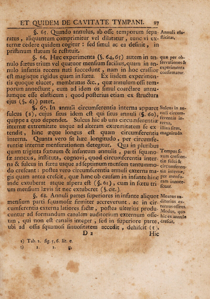 .ILIJIUI» WIIBI II uni wiihmi t r- - ■ <_ ■JKTT' inwiiM i n»* ■Tiiwwniimirrr»Tft«r^rTrri-frm. ■ TI—rim-lywnrfr-Wi -n mn**xi**'-%css**. *m, §• 67. Quando annulus, ab ofte temporum fepa- Annuli cla¬ ratus , aliquantum comprimitur vel dilatatur , tunc vi ex- fticitas» ternae cedere quidem cogitur : fed fimul ac ea delinit , in priftmum ftatum fe reftituit. §. 66. Haec experimenta (§.64, 67) autem in an-quae per ob« nulo foetus trium vel quatuor menfium facilius,quam in an- ^ervauones& nulo infantis recens nati fuccedunt, nam in hoc craflior confirmamr eft magisque rigidus quam infoetu. Ex iisdem experimen¬ tis quoque elucet, membranas &e.3 quaiannulumofli tem¬ porum anne<ftunt, eum ad idem os fimul coar&are annu- lumque effe elafticum; quod pofterius etiam ex ftrudhira ejus (§♦ 63 ) patet. §* 67. in annuli circumferentia interna apparet Sulcus in fulcus (s), cujus litus idem eft qui litus annuti (§, 6o)? ^ulicircil.m' quippe a quo dependet. Sulcus hic ab una circumferentia? ;!!entia internae extremitate usque ad alteram extremitatem fe ex illius fims. tendit, hinc aeque longus eft quam circumferentia magnitudo, interna. Quanta vero fit haec longitudo , per circumfe¬ rentiae internae menfurationem detegitur* Qua in pluribus quam triginta fastuum & infantum annutis , parti fqiiano-^emPus& fae annexis, inftituta, cognovi, quod circumferentia inter- x.nm na & fulcus in foetu usque ad feptimummeniem rantumnro- circmnfereii-.- do crefcant: poftea vero circumferentia annuli externa ma- tia. mtemx, gis quam antea crefcit, quae hanc ob caufam in infante hinc fer 1?enfi*- inde extuberat atque afpera eft { §. 61), cum in fetu tri ii^2twnot^: um menfium laevis fit nec extuberet ( §. cit.). §. 6g. Annuli partes fuperiores in infante aliquot Meatus aw~ menfium parti fquamofe firmiter accreverunt, ac in cir- ditorius ev- cumferentia externa latiores faflse , poftea ulterius produ- Modus0^^ cuntur ad formandum canalem auditorium externum ofte- hic ex annuli um , qui non eft canalis integer , fed in fu peri ore parte, crefcit, ubi ad olfis fquaraoii finuofitatem accedit , dehilcit (t \ D z Hic s) Tab.a. £g. 5,6. Iit. e. t) 1. 2. g,