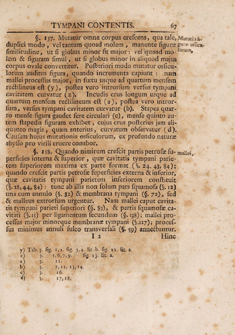 §♦ 157* Mutatur omne corpus crefcens, qua tale, Mutatio 6« dupiici modo , vel tantum quoad molem , manente figunsgurie officu* fimilitudine, ut fi globus minor fit major: ve! quoad mo* 'orum> leni & figuram fimul, ut fi globus minor in aliquod majus corpus ovale convertitur, Pofteriori modo mutatur osficu-' Iorum auditus figura, quando incrementa capiunt : nam mallei proceffus major, in fetu usque ad quartum menfem re<ftilineus eft (y), poftea vero mtrorfum verius tympani cavitatem curvatur (2), Incudis crus longum usque ad quartum menfem reitilineum eft (a), poftea vero intror- te, verfus tympani cavitatem curvatur (b), Stapes quar¬ to menfe figura gaudet fere circulari (c), tnenfe quinto au¬ tem ftapedis figuram exhibet, cujus crus pofterius jam ali¬ quanto magis, quam anterius, curvatum obfervatur (d). Caufam hujus mutationis osliculorum, ex profundo naturae abyffo pro virili eruere conabor, §. 178. Quando nimirum crefcit parrispetrofefu-mallei, perficies interna & liiperior , qute cavitatis tympani parie¬ tem fuperiorem maxima ex parte formae (A. 24,43,84); quando crefcit partis petrofe fuperfreies externa & inferior, quae cavitatis tympani parietem inferiorem conftkuit (§. 28,44, 84) : tunc ab illis non folum pars fquamofa (§. 12) una cum annulo (§t 32) & membrana tympani (§. 72), fed & malleus extrorfum urgentur. Nam mallei caput cavita¬ tis tympani parieti fuperiori (§., 83), & parris fquamofae ca¬ vitati (§,17) per ligamentum fecundum (§.138); mallei pro- cefiiis major minorque membranae tympani (§.127); procef¬ fus minimus annuli fulco transverfali (§. 59) annectuntur, I 2 Hinc y) Tab. 3 . %. 1,2. %. 3,4. Ht.-b. %, 22. Iit» a» z) 3. 5,'6>7,9* fig. 23« bt. a» a) 3» 11. b) 3. 7,12,13,14,. c) 3. 16. *) 3» 17,18» /