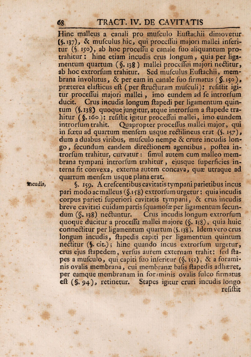 F Iftcudis, 68 TRACT. IV. DE CAVITATIS Hinc malleus a canali pro mufculo Euftachii dimovetur (§.137), & mufculus hic, qui procelliii majori mallei inferi- tur (§. 150), ab hoc procelTu e canale fuo aliquantum pro¬ trahitur: hinc etiam incudis crus longum, quia per liga¬ mentum quartum (§. 138 ) mallei proccflui majori neditur, ab hoc extrorfum trahitur* Sed mufculus Euftachii, mem¬ brana involutus, & per eam in canale fuo firmatus ($.150), praeterea elafticus eft (jper ftrufluram mufculi): refiftit igi¬ tur proceffui majori mallei, imo eundem ad fe introrfum ducit. Crus incudis longum ftapedi per ligamentum quin¬ tum (§.138) quoque jungitur, atque introrfum a ftapede tra¬ hitur ( 160): refiftit igitur proceflui mallei, imo eundem introrfum trahit. Quapropter procefliis mallei major, qui in foetu ad quartum menfem usque reflilineus erat (§, 157), dum a duabus viribus, mufculo nempe & crure incudis lon¬ go, fecundum eandem direcftionem agentibus, poftea in¬ trorfum trahitur, curvatur: fimul autem cum malleo mem¬ brana tympani introrfum trahitur , ejusque fuperficies in¬ terna fit convexa, externa autem concava, quae utraque ad quartum menfem usque plana erat* §. 159. A crefcentibus cavitatis tympani parietibus incus pari modo ac malleus (§.iy 8) extrorfum urgetur: quiaincudis corpus parieti fuperiori cavitatis tympani, & crus incudis breve cavitati cuidam partis fquamofse per ligamentum fecun¬ dum (§♦ 138) neduntur. Crus incudis longum extrorfum quoque ducitur a proceflu mallei majore (§. ifg)» quia huic conne6iitur per ligamentum quartum (§. 138)* Idem vero crus longum incudis, ftapedis capiti per ligamentum quintum ne&itur (§. ,cit.); hinc quando incus extrorfum urgetur, crus ejus ftapedem, verfus aurem externam trahit: fed fta- pes a mufculo, qui capiti fuo inferitur (§. 152), & a forami¬ nis ovalis membrana, cui membrana: bafis ftapedis adhaeret, per eamque membranam in foraminis ovalis Iuleo firmatus eft (§.94), retinetur. Stapes igitur cruri incudis longo refiftit