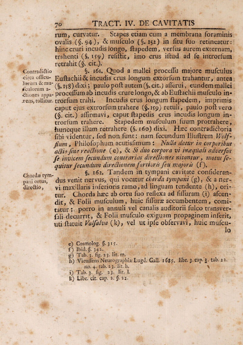 Contradi&io circa o fi i cu¬ lor uni & mu¬ sculorum a- j&iones appa- jrens, tollitur, Chordas tym pani ortus, dire&Io, 70 TRACT. IV. DE CAVITATIS ^ „11 ,* mn IMI Ii' inwi»l«ilfllfll«l* »TT> DI ir ~l|Tl~ *' -- * rum, curvatur. Stapes etiam cum a membrana foraminis ovalis (§,94), & mufculo (§.152) in ficu fuo retineatur: hinc cruri incudis longo, ftapedem, verfus- aurem excernam, trahenti (§♦ U9) reiiftit, imo crus iftud ad fe introriutn retrahit (§. cit*). §. i6i¥ Quod a mallei proceffu majore mufculus EuftachiiSt incudis crus longum extorfum trahantur, antea (§. if S) dixi; paulopoft autem (§. cit. j aflerui, eundem mallei . proeefiumab incudis crure longo, & abEuftachii mufculo in* trorfiun trahi* Incudis crus longum ftapedem, imprimis caput ejus excrorfumtrahere (§.1^9) retuli, paulo poli: vero (§, cit.) affirmavi, caput ftapedis crus incudis longum in- trorhim trahere. Stapedem mufculum fuum protrahere, huncque illum retrahere (§. 160) dixi. Htec contra di (Apri a fibi videntur, fed non funt: nam fecundum llluftrem Wolf- fimn , Philofophum acutisfinium : Nulla datur in corporibus adliifine reacltme (e), & Si duo corpora vi inaequali adverfus fe invicem fecundum contrarias dirediones nitamur, motus fe- quitur jecundum directionemfortiorisfeti majoris (f). f. 162. Tandem in tympani cavitate confkleran- dus venit nervus, qui vocatur chorda tympani (g), & a ner¬ vi maxillaris inferioris ramo,ad linguam tendente (h), ori¬ tur* Chorda haec ab ortu fuo reflexa ad fiffuram (i) afcen- dic, & Folii mufculum , huic fiffurae accumbentem, comi¬ tatur : porro in annuli vel canalis auditorii fulco transver- faii decurrit, & Folii mufculo exiguam propaginem inierit, uti ftatuit Vaifalva (k); vel ut ipfe obfervavi, huic mufcu- 1q e) Cosmolog. §. 315. f) Ibid.§. 34^. g) Tab. 3. %. 23. Ht. m. li) Vieuflens Neurographia Lugd, GalI libf. J.cap* tab. 2 a. no. 4. tab. 23. Iit. h. ^ i) Tab. 3. %. 23. Iit. L