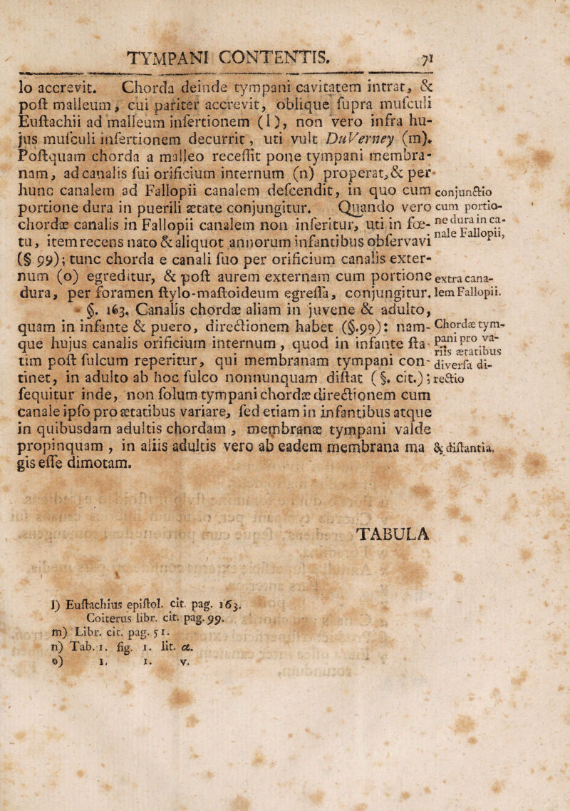 lo accrevit* Chorda deinde tympani cavitatem intrat, & poft malleum, cui pariter accrevit, oblique fupra mufculi Euftachii ad malleum infertionem (1), non vero infra hu¬ jus mufculi infercionem decurrit, uti vult DuVerney (ro)* Poftquam chorda a malleo receffit pone tympani membra¬ nam, ad canalis fui orificium internum (n) properat,& per hunc canalem ad Fallopii canalem defcendit, in quo cum conjunaio portione dura in puerili secate conjungitur* Quando vero cum. portio- chordae canalis in Fallopii canalem non i-nferitur, uti in foe- ne1(1fra1I/qc-a' tu, item recens nato & aliquot annorum infantibus obiervavi (§ 99); tunc chorda e canali fuo per orificium canalis exter¬ num (o) egreditur, & poft aurem externam cum portione extracana- dura, per foramen ftylo-maftoideum egreffa, conjungitur*lemFallopii. §. 163, Canalis chordae aliam in juvene & adulto, quam in infante & puero, directionem habet (§»99): nam- Chordaetym*. que hujus canalis orificium internum, quod in infante fta* tim poft filicum repentur, qui membranam tympani con- diverfa ' tinet, in adulto ab hoc fulco nonnunquam diftat ( §• cit.); re&io fequitur inde, non fdlum tympani chordaediredionem cum canale ipfo pro aetatibus variare, fed etiam in infantibus atque in quibusdam adultis chordam , membranae tympani valde propinquam , in aliis adultis vero ab eadem membrana ma %diJhmtia, gis effe dimotam. TABULA 1' % l) Euftachms epiftol. cit. pag. Coiterus iibr. cit. pag. 99. m) Libr. cit. pag. 5 1.