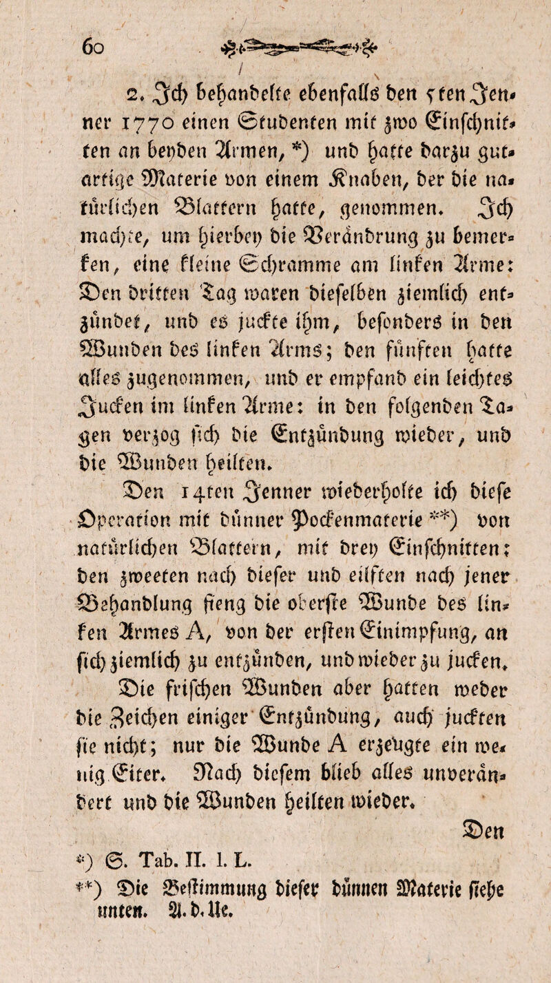 ' 2. 5$ Be^anbeffc ebenfalls ben ? tenten* ner 1770 einen ©tubenten mit ^mo ©nfcfynif* (en on 6epben Firmen, *) unb fjofte bor$u gut* arftgc Materie t>on einem Knaben, ber bie na* ïür(id)en SMufforn ^otfe, genommen* ^d) mad^e, um fjierbetj bie QSerdnbrung ^u bemer* fen, eine flehte ©d)romme om finfen 2Jrme: ©en briften (3Lag maren biefelben ^iemlid) ent* jimbel, unb es jucfte if)m, befonberg in ben Söunben be$ linfen 'ïfrmë; ben fünften botte uileg jugenommen, unb er empfonb ein leid)feg ^ucterum linfen Tinne: in ben folgenben Xa* gen betrog ftd> bie (Entjunbung mieber, unb bie SBunben beiftein ©en i4ten A^ner mteberljofae tdj biefe Operation mit bünner ^ocfenmaterie **) bon nofüriid)en ©lottern, mit brep Sinfcbnitten; ben ^roeeten nad) biefer unb eilften nad) jener 93ef)önblung fteng bie oberpe ®unbe beê ün* fen 3frmeé A, bon ber erpen Einimpfung, on pcppemlid) &u enf^ünben, unbroieberju jucfen* ©ie frifcpen ®unben ober fatten meber bie $eid}en einiger (Ent^ünbung, audj jucften fte nid)t; nur bie 2Bunbe A er^eligte ein me* mg.©ter* 9Tad> bicfem Mieb afleg unberdn* bert unb bie ©unben heilten trieben ©en *) ©. Tab. II. 1. L. **) ©ie 25efïtmtmwg biefer btmuett Coterie pejje tmten. Si.bdle.