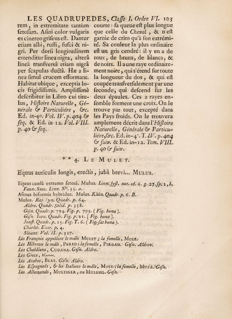 rem, in extremitate, tantùm courte : fa queue eft plus longue fetofam. Afini color vulgaris que celle du Cheval , & neft ex cinereo grifeus eft. Dantur garnie de crins qu’à fon extrémi- etiam albi, ruffi, fufci & ni- té. Sa couleur la plus ordinaire gri. Per dorfi longitudinem eft un. gris cendré : il y en a de extenditur linea nigra, altéra roux, de bruns, de blancs, & lineâ tranfversâ etiam nigrâ de noirs. Il a une raye ordinaire- per fcapulas duflâ. Hæ 2 li- ment noire, qui s’étend fur toute neæfimul crucem efforniant. la longueur du dos, & qui eft Habitat ubique, exceptis lo- coupée trânfverfalement par une cis frigidiffimis. Ampliffimè fécondé, qui defcend fur les defcribitur in Libro cuititu-’ deux épaules. Ces 2 rayes en- lusHijloire Naturelle, Gé- femble forment une croix. On le jiérale & Particulière , trouve par tout, excepté dans Ed. in-40. Vol. lF.p.404 G* les Pays froids. On le trouvera feq.. ôt Ed. in iz. FoL FIIL amplement décrit dansf Hijloire Naturelle, Générale & Particu- liérefâc. Ed. 272-4*. T. IV, p. 404 - & fuiv> & Ed. in-1 a. Tom. F1IL p. 40 & fuiv.r *’ * 41 L E M U L E T. p. 40 & feq• Eqûus auriculis longis, ereétis, jubâ brevi... Mulus.' Equus caudâ extremo fetosâ. Mulus. Linn.Jyf. nat. ed. 6. g* 2yfp. i > b* Faun.Suec. Linn. N°. 3 5. a* ■> Àîinus biformis hybridus. Mulus. Klein. Quadr. p. 6* B* Mulus. Raj. Syn; Quadr. p. 64® j Aldro. Quadr. Solid. p. 35 8. Gejn. Quadr.794. Fig. p. 793, ( Fig. bona )a  Gefn. Icon. Quadr. Fig. p.n i. [ Fig. bona ]. JonftQuadr. p. 15. Figo T. 6. ( Fig.fat bona ). • Charlet. Ex er. p. 4. Sloane. Fol. II. p. 3 27. • Les François appellent le ni aie Mulet ; la femelle 5 Mule. Lès Hébreux le mâle , Pered \ la femelle , PîrdAk. Gefn. AtdroF Les Chaldéens , Cudana. Gefn. Aldro. ■ Les Grecs, Hw/ovo<r. Les ArabesBeal, G eCrr. Aldro. v- Les Espagnols , & les Italiens le mâle, Mulô \la femelle ± MurÂ, * Gefn.