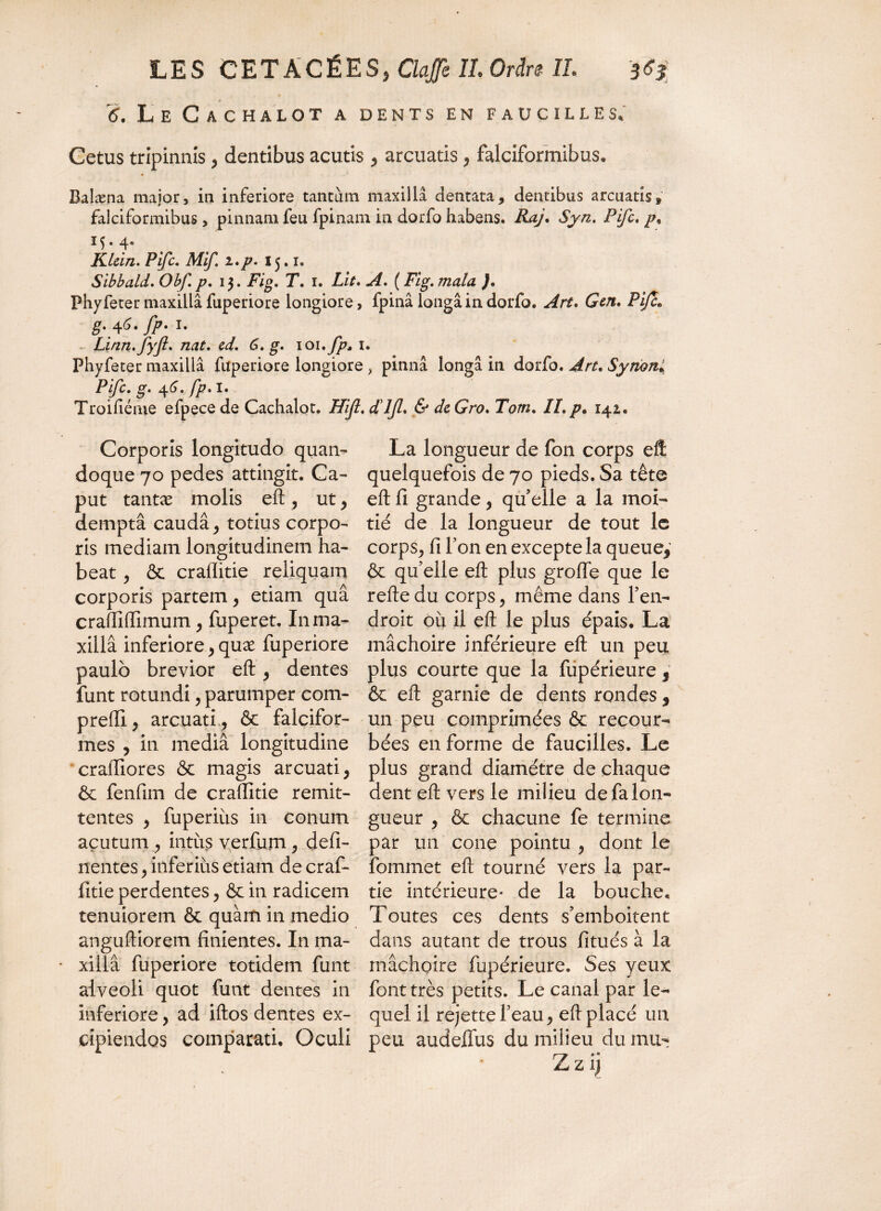 6. Le Cachalot a dents en faucilles, Cetus tripinnîs , dentibus acutis , arcuatis , falciformibus, Balæna maior, in inferiore tantum maxilla dentata, dentibus arcuatis, falciformibus, pinnam feu fpinam in dorfo habens. RaJ. Syn. Pifc. p< ÏÇ-4- Klein. Pifc. Mif. i.p. 15,1. Sibbald. Obf. p. 13. Fig. T. 1. Lit. A. ( Fig. mala ). Phyfeter maxilla fuperiore longiore, fpinâ longa in dorfo. Art. Gen. Pifc• g.+G.fp- *• Linn. fyfl. nat. ed. G. g. 101 ,fp, 1. Phyfeter maxilla fuperiore longiore , pinna longa in dorfo. Art. Synon. Pifc. g. 46,fp. 1. Troifiéme efpecede Cachalot. Hijl.d'ljl. & deGro. Tom. ILp. 142. Corporis longitudo quan- La longueur de fon corps eft doque 70 pedes attingit. Ca- quelquefois de 70 pieds. Sa tête put tantæ molis eft, ut, eft fi grande, qu’elle a la moi- demptâ caudâ, totius corpo- tié de la longueur de tout le ris mediam longitudinem ha- corps, fi Ton en excepte la queue,’ beat , & craflitie reliquam & qu’elle eft plus grofte que le corporis partem, etiam quâ reftedu corps, même dans l’en- craftiffimum, fuperet. In ma- droit où il eft le plus épais. La xillâ inferiore, quæ fuperiore mâchoire inférieure eft un peu paulo brevior eft , dentes plus courte que la fupérieure, funt rotundi, parumper com- & eft garnie de dents rondes , preiïi, arcuati , & falcifor- un peu comprimées & recour- mes , in media longitudine bées en forme de faucilles. Le craiTiores & magis arcuati, plus grand diamètre de chaque & fenfim de craftitie remit- dent eft vers le milieu de fa lon- tentes , fuperiùs in conum gueur , & chacune fe termine acutum , intùs verfum, défi- par un cône pointu , dont le nentes,inferiùsetiam decraf- fournie t eft tourné vers la par- fitie perdentes, & in radicem tie intérieure* de la bouche, tenuiorem & quàm in medio Toutes ces dents s’emboitent anguftiorem finientes. In ma- dans autant de trous fitués à la xillâ fuperiore totidem funt mâchoire fupérieure. Ses yeux alveoli quot funt dentes in font très petits. Le canal par le- inferiore, ad iftos dentes ex- quel il rejette feau, eft placé un cipiendos comparati. Ocuü peu audelfus du milieu du mu-