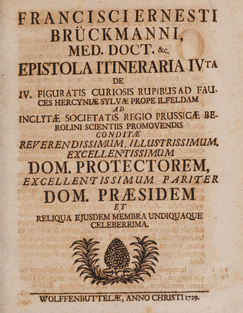 |... MED. DOCT. s; * j EPIST! ILA TIT NERAE JA IV7^ i IV. FIGURATIS CURIOSIS RUPiIBHS AD FAU- CES HERCYNU&amp; dev in PROPE ILFELDAM . INCLITA SOCIETATIS. -REGIO PRUSSIGE. RE. ROLINI SCIENTIIS PROMOVENDIS - Co NDI Bg. | KELIQUA EJUSDEM M MEMBRA UNDIQUAQUE -CELEBERRIMA.. UWOLFFENBUTTELAE, ANNO CHRISTI z9. —
