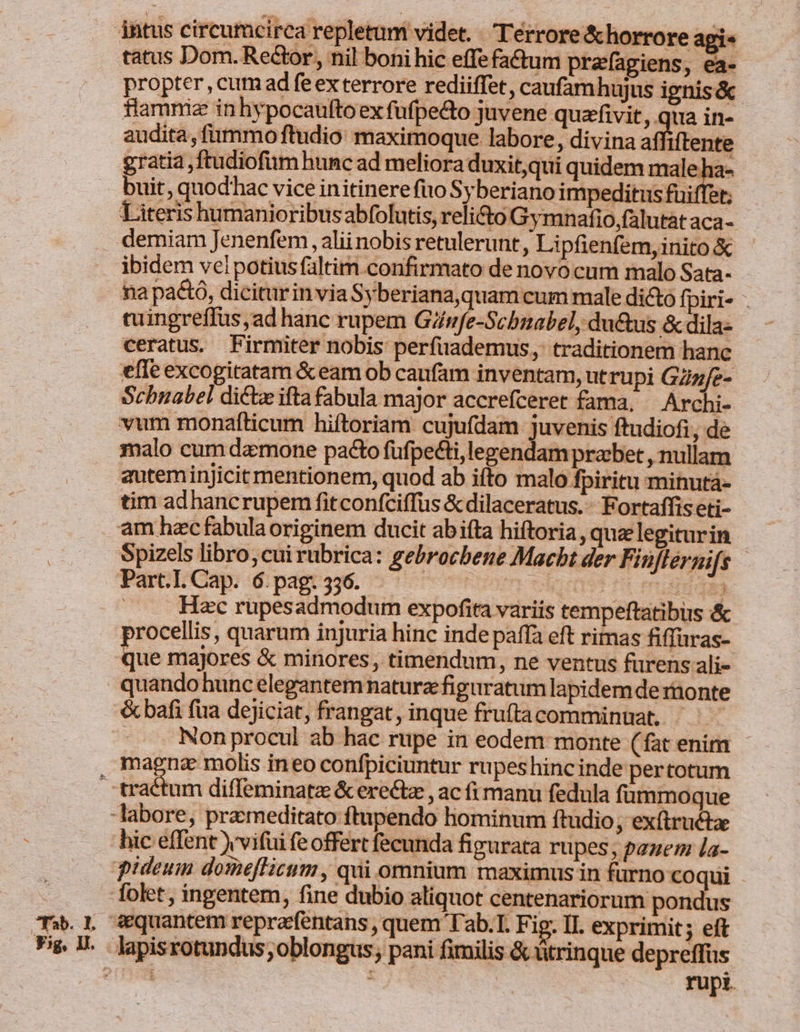 jntus circumcirca repletum videt. Térrore &amp;horrore agi« tatus Dom. ReGor , nil boni hic effe factum prafagiens, ea- propter, cum ad fe ex terrore rediiffet, caufamhujus ignis&amp; flammiz in hypocaultoex fufpedo juvene quafivit , qua in- audita, ftimmo ftudio: maximoque labore, divina af Iftente gratia ,ftudiofum hunc ad meliora duxit,qui quidem male ha- buit, quod'hac vice initinere fio Syberiano impeditusfuiffet; Literis humanioribus abfolutis, relicto Gymnafio,falutat aca- demiam Jenenfem, alii nobis retulerunt, Lipfienfem, inito &amp; ibidem vel potius faltim.confirmato de novo cum malo Sata- na pa&amp;ó, diciturin via Syberiana,quam cum male dicto fpiri- euingreffus,ad hanc rupem GZnfe-Schbnabel, ductus &amp; dila- ceratus. Firmiter nobis perfuademus, traditionem hanc efle excogitatam &amp; eam ob caufam inventam, utrupi Gnfe- Schnabel dict ifta fabula major accrefceret fama, — Archi- vum monafticum hiftoriam cujufdam juvenis ftudiofi , de malo cum daemone pacto füfpecti,lezendam pracbet , nullam auteminjicit mentionem, quod ab ifto malo fpiritu minutá- tim adbancrupem fitconfciffüs &amp; dilaceratus. - Fortaffis eti- am hzc fabulaoriginem ducit abita hiftoria, quz legiturin Spizels libro, cui rubrica: gebrocbene Macbt der Finflernifs Part.I. Cap. 6. pag: 356. Eti i883 . . Hec rupesadmodum expofita variis tempeftatibus &amp; procellis, quarum injuria hinc inde paffa eft rimas fiffuras- que majores &amp; minores, timendum, ne ventus furens ali- quando hunc elegantem naturz figuratum lapidem de rnonte &amp;bafi fua dejiciat, frangat, inque fruftacomminuat, | Non procul ab hac rupe in eodem monte (fat enim magnae molis ineo confpiciuntur rupeshincinde pertotum -. tractum diffeminatz &amp; erectz , ac fi manu fedula fümmoque labore, praemeditato ftapendo hominum ftudio, ex(truétae hic effent )'vifui fe offert fecunda figurata rupes, panem la- pideuim domeflicum , qui omnium maximus in furno coqui - Tolet, ingentem, fine dubio aliquot centenariorum pondus Tb 1. sequantem repracfentans , quem T'ab.T. Fig. II. exprimit; eft Ps. 1. . lapisrotundus ,oblongus; pani fimilis &amp; ütrinque depreffus à | rupt.