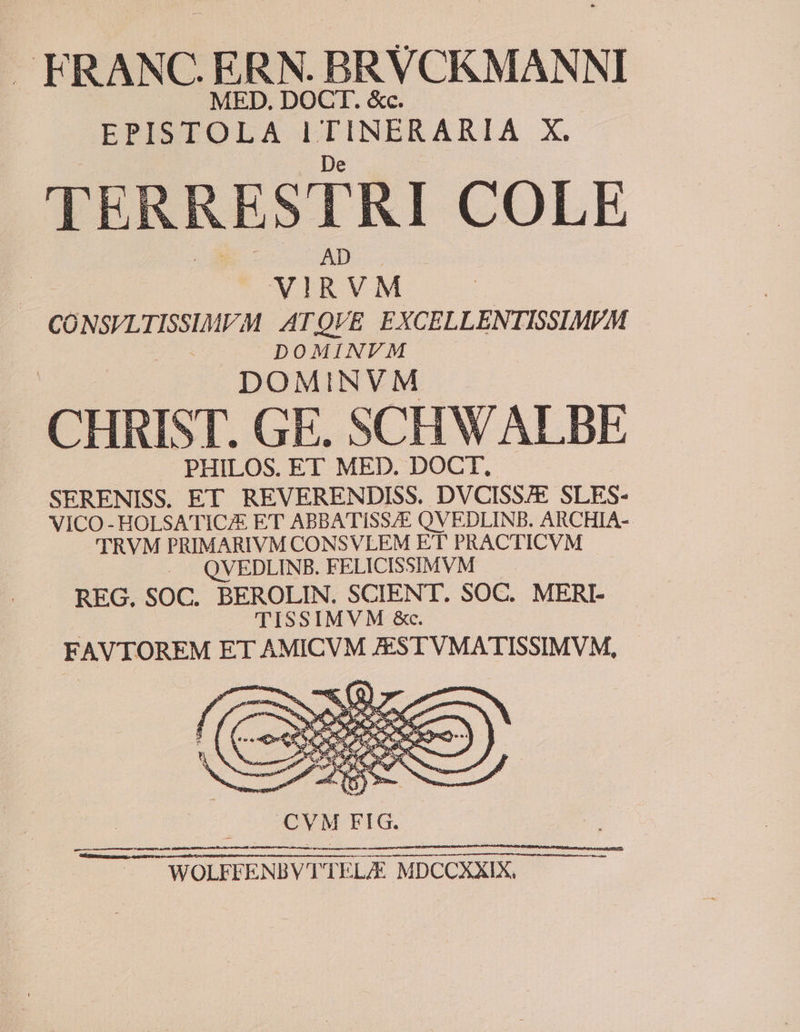 . FRANC. ERN. BRVCKMANNI EPISTOLA. ITINERARIA X. TERRE RESTRI COLE | Vl R v M COREL M ATQVE EXCELLENTISSLME.M DOMINVM DOMINVM CHRIST. GE. SCHWALBE PHILOS. ET MED. DOCT. SERENISS. ET REVERENDISS. DVCISS/E SLES- VICO- HOLSATIC/E ET ABBATISS/E QVEDLINB. ARCHIA- TRVM PRIMARIVM CONSVLEM ET PRACTICVM - .. QVEDLINB. FELICISSIMVM REG. SOC. BEROLIN. SCIENT. SOC. MERI- TISSIMVM &amp;c. FAVTOREM ET AMICVM /ESTVMATISSIMVM, n———— WOLEFENBVT TELE MDCCXXIX us tad ar Mer yere ao ys